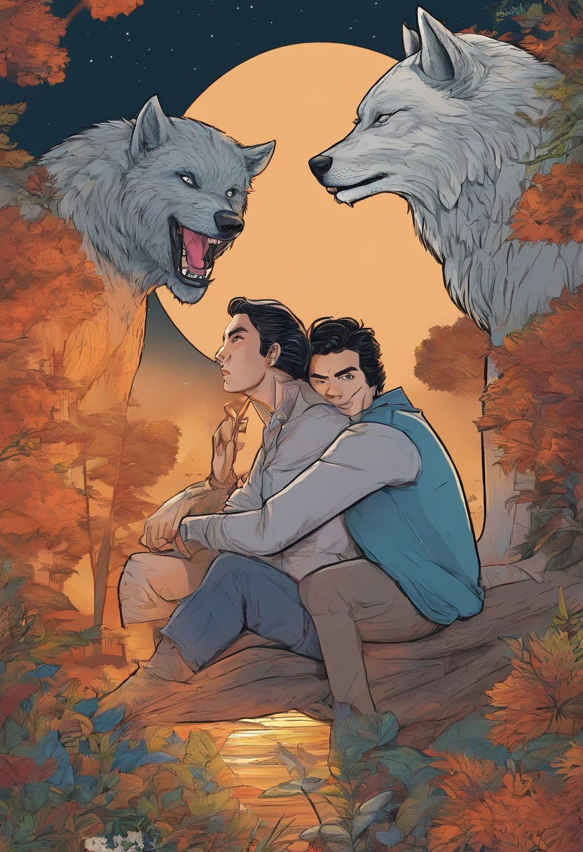 70s film, muscular, movie screenshot, male anthro werewolf and human men hugging, interspecies, romantic, erotic ((full shot angle))