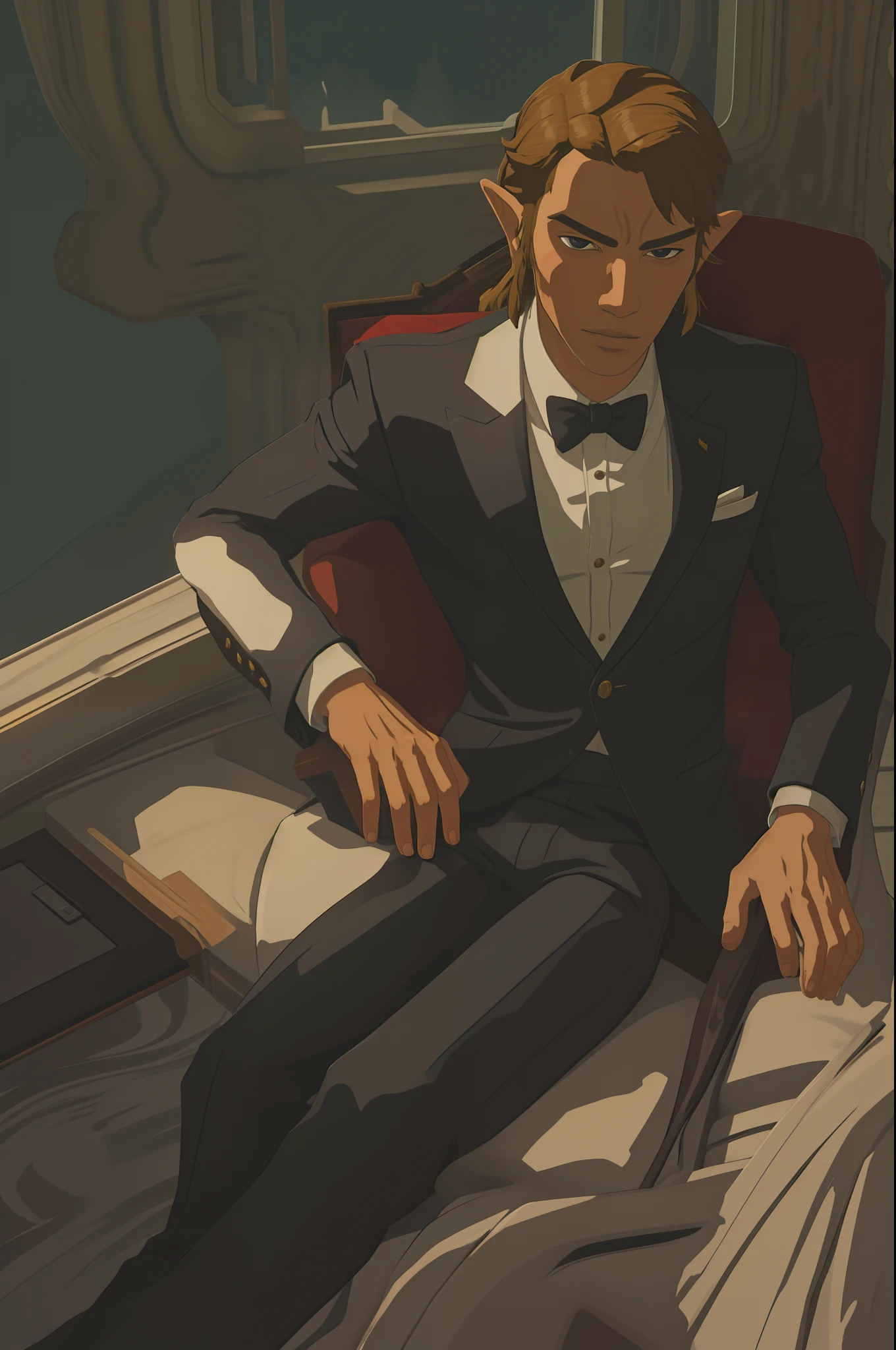 elegant elegance formal clean posh dark open business suit sultry seduction head tilt leaning back recline botw style