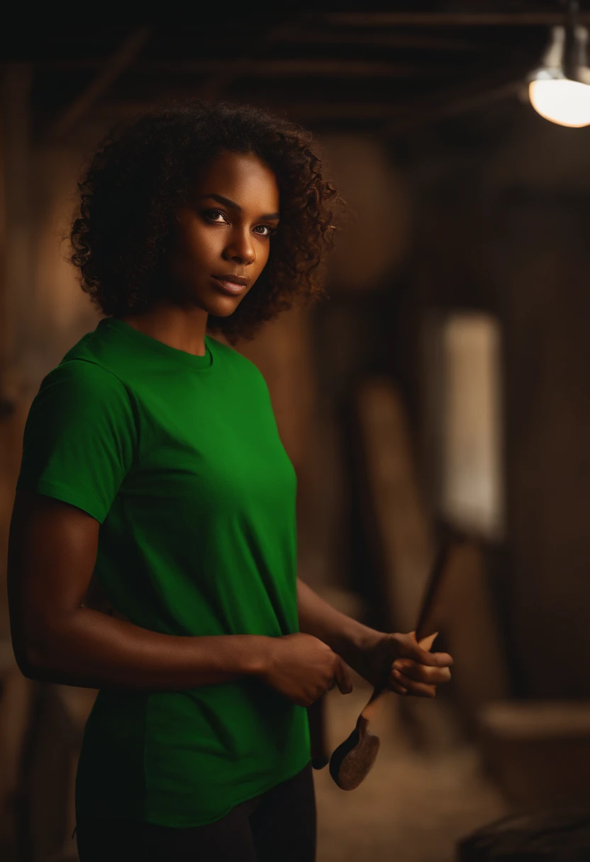 Human light brown skin, orange eyes, dark brown wavy hair , green t-shirt with pockets , light brown pants , holding a hammer , standing in a dark basement