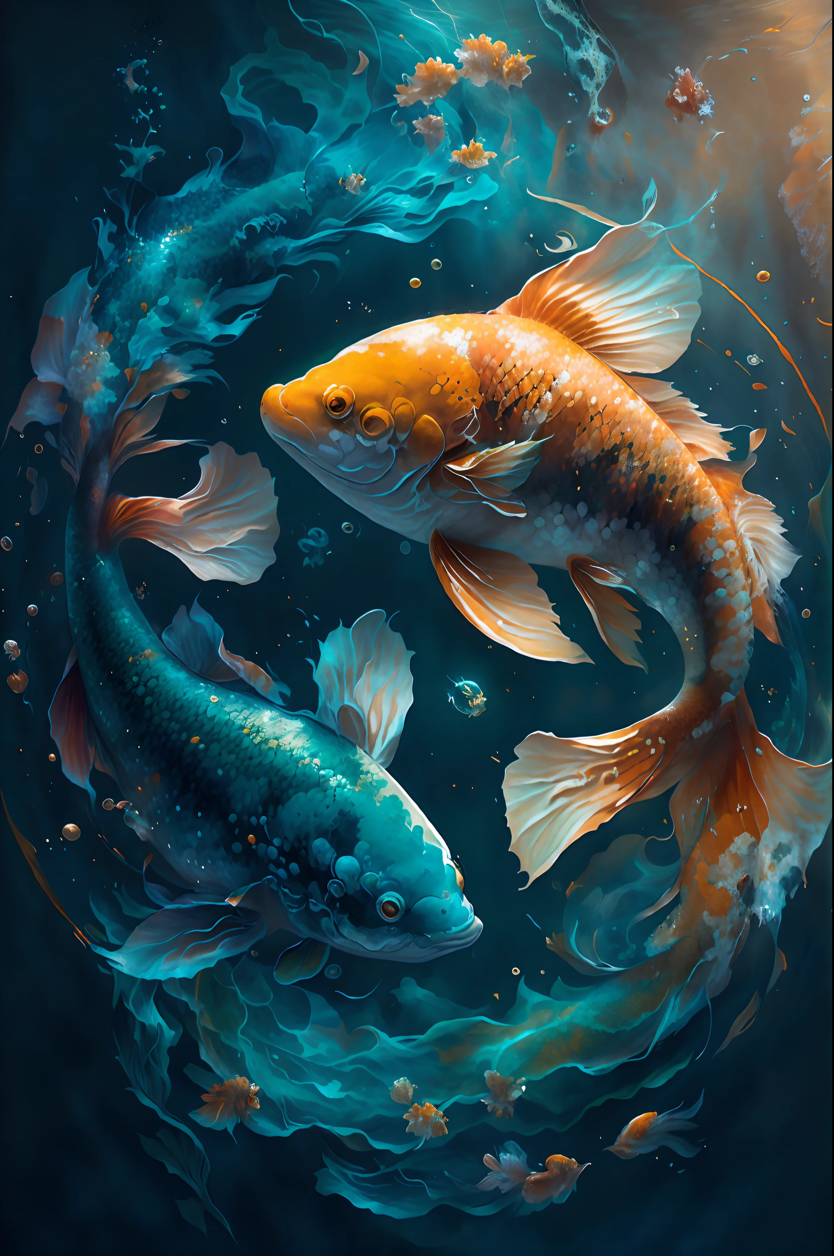 Masterpiece, Best quality, High quality, High definition, High quality texture, Highqualityshadow, High detail, finedetail, Extremely detailed CG, Detailed texture,, Colorful , Delicate, Cinematic light, Side light, Two fish swim in circles in bubbles and clouds, koi fish floating in space, The fish, Pisces, fishes swimming, golden fish in water exoskeleton, koi fishes, floating koi fish, koi fishes, Fish swimming, fish swimming around, you see fishes, Koi, koi colors, Beautiful digital artwork, the stars are fish in the depths,Carp in the starry sky,Koi,the detail,A detailed
