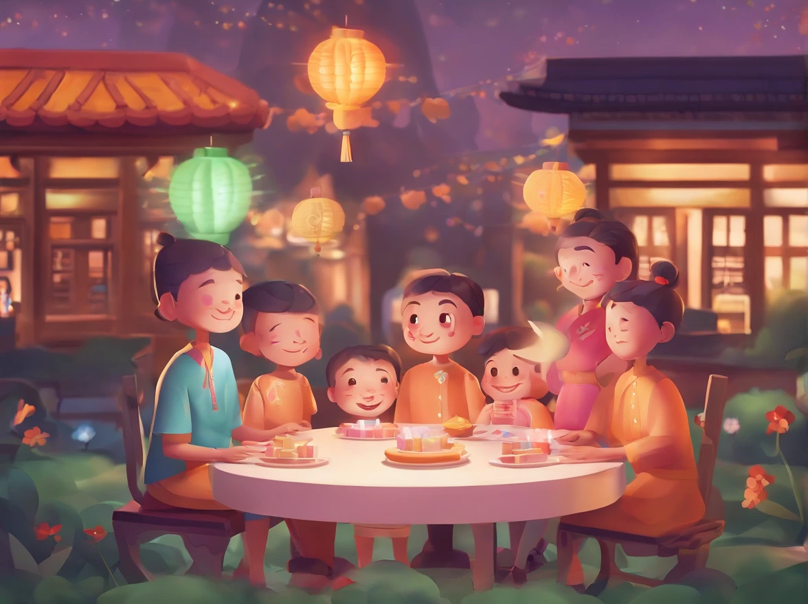 A group of people sitting around a table with food on it - SeaArt AI