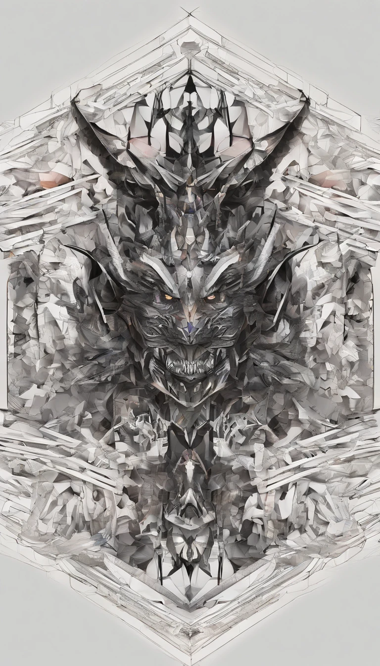 Wide-angle shot of the folding paper pop-up cutout of the demon, Made of color card, , Intricate, Symmetrical, Low Angle View, White and dyed iridescent colors, Clean clean black background, Foggy volumetric light, Moody dramatic lighting, Cinematic, rays, Devil