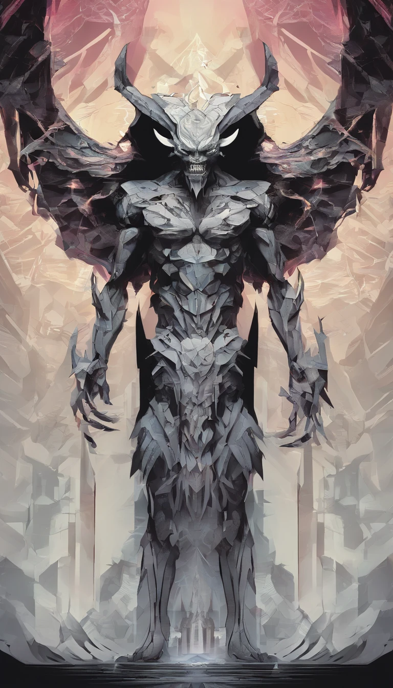 Wide-angle shot of the folding paper pop-up cutout of the demon, Made of color card, , Intricate, Symmetrical, Low Angle View, White and dyed iridescent colors, Clean clean black background, Foggy volumetric light, Moody dramatic lighting, Cinematic, rays, Devil