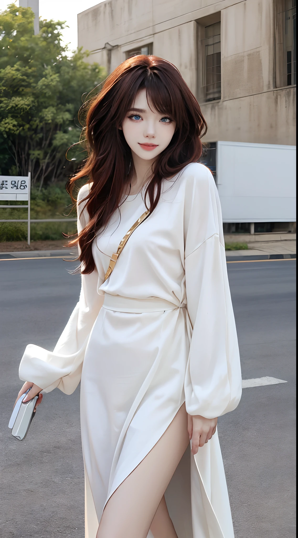 ((4K works))、masterpiece、(top-quality)、1 beutiful girl、Slim body、tall、((Attractive casual clothes in black and white))、(Detailed beautiful eyes)、Take a selfie on a fashionable highway at night、((Face similar to Carly Rae Jepsen))、((Long boyish red hair))、((Smaller face))、((Neutral face))、((Bright blue eyes))、((American adult women))、((Adult female 26 years old))、((cool lady))、((Like a celebrity))、((Smiling expression))、((Korean Makeup))、((elongated and sharp eyes))、((Happy dating))、((boyish))、((She is walking in a remote place))、Professional Photos