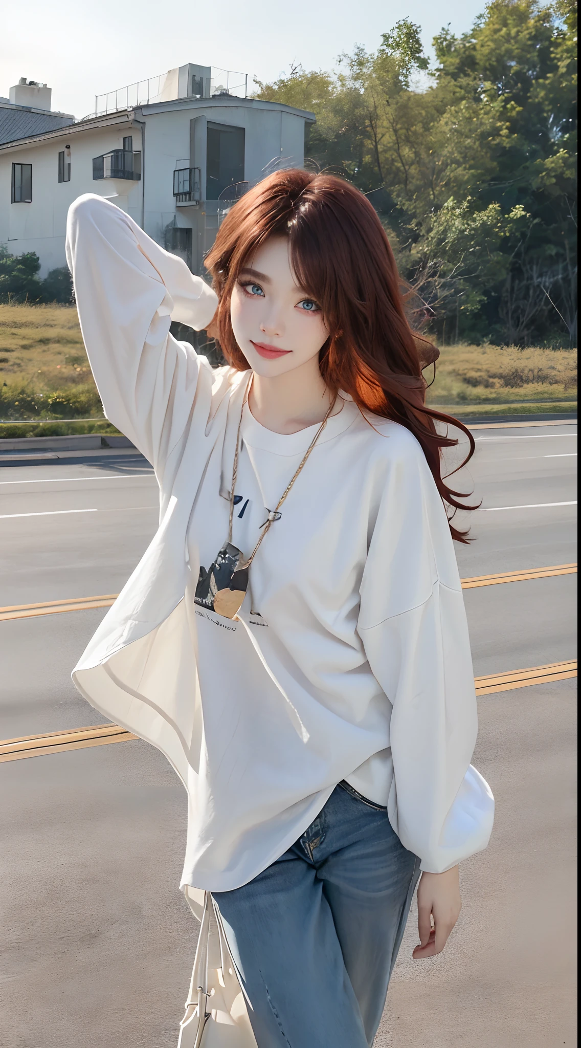 ((4K works))、masterpiece、(top-quality)、1 beutiful girl、Slim body、tall、((Attractive casual clothes in black and white))、(Detailed beautiful eyes)、Take a selfie on a fashionable highway at night、((Face similar to Carly Rae Jepsen))、((Long boyish red hair))、((Smaller face))、((Neutral face))、((Bright blue eyes))、((American adult women))、((Adult female 26 years old))、((cool lady))、((Like a celebrity))、((Smiling expression))、((Korean Makeup))、((elongated and sharp eyes))、((Happy dating))、((boyish))、((She is walking in a remote place))、Professional Photos