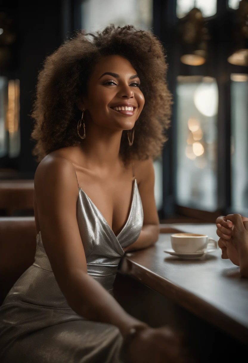 Photo brute, (effet large:1.2), afro-american:1.3, detailled eyes:1.1, DSLR, softlighting, (cheveux noirs:1.1), sitting in an office with a cup of coffee, Photo of Belle fille métisse, attractif, A mixte -peau de race, Photo dans le bureau assise , curly hair, High detail, mise au point nette, dramatique, Real photo of a beautiful 22-year-old Métis woman, Huge-breasts, charme, realistic skin, realistic face, sauvage, en forme, extase (beautiful detailed eyes), (beste-Qualit), (super detailed), (face detailed), (pose dynamique), Canon EF 85mm f/1.2 L II USM, A woman sitting with her coffee in a restaurant, with a white jacket and red lips, Focus sur l'expression du visage, sitting in a Parisian café, photo-realistic, ultra-realistic, ((Realistic natural skin texture) ), sourire, jeune fille de belle et souriante 22 ans, longs cheveux noirs, seductive face, sparkling eyes, Well-dressed woman, (décolleté), Specificities (Textures ! , cheveux! , briller, couleur!! , beste-Qualit, Grumeleux, ultra fou, natural lighting, pose dynamique, Hyperrealistic, realistic lighting, high contrast, Perspective dramatique, thin very curved eyebrows ,Regarder le spectateur, Mensonge immense sourire, ((peau claire,):1.4), gros seins, objectif zoom 200 mm f/1.4 (photoreallistic:1.2) (beste-Qualit) (detailed skin:1.3) (Complex detail) (8k) (Hdr) (Film analogique) (Canon D5) (Lighting kinematics) ( mise au point nette), Perspective dramatique, natural lighting, volumetric shading, pose dynamique, Hyperrealistic lighting, Realstic, portrait, femme attrayante, African-American girl, gros seins naturels, grosses hanches, gros cul, (grain du film :1.1) , (Dressed in a silver satin dress, sans manches:1,3)), (Silver satin dress), (Very thick poles) Souriant, décolleté, (Very thick bust),Seins naturels gigantesques, tatouages et piercings, grosse poitrine, jeune extremement belle, Serious fair complexion, thick