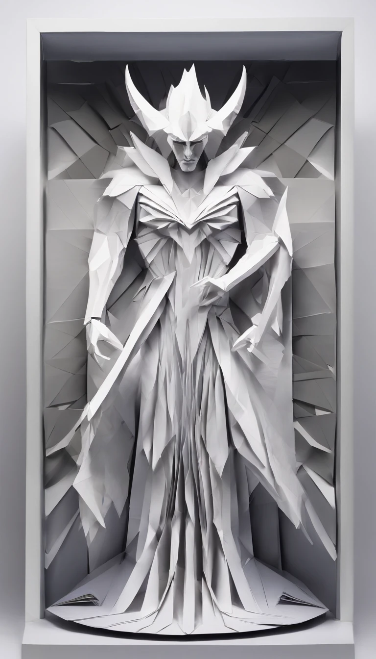 Wide-angle shot of the folding paper pop-up cutout of the demon, Made of color card, , Intricate, Symmetrical, Low Angle View, White and dyed iridescent colors, Clean clean black background, Foggy volumetric light, Moody dramatic lighting, Cinematic, rays, Devil