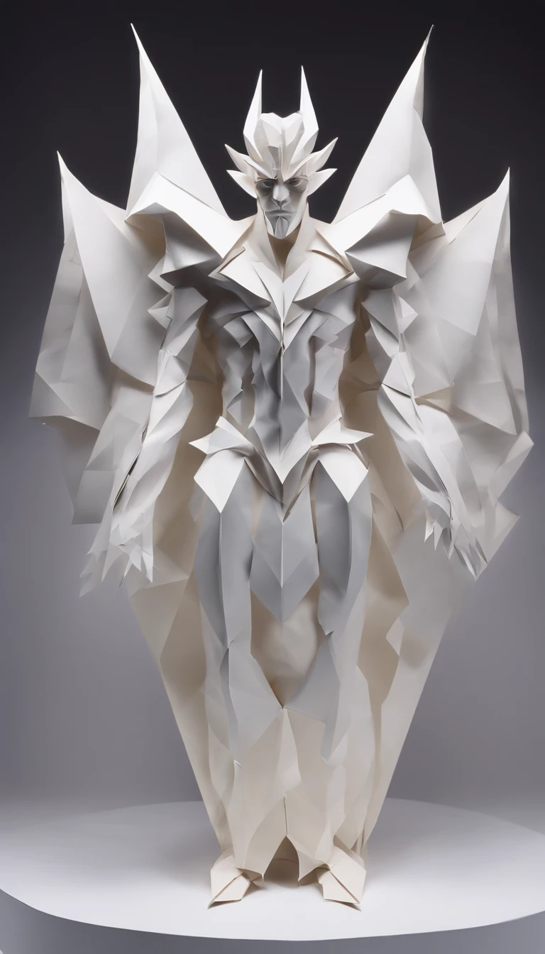 Wide-angle shot of the folding paper pop-up cutout of the demon, Made of color card, , Intricate, Symmetrical, Low Angle View, White and dyed iridescent colors, Clean clean black background, Foggy volumetric light, Moody dramatic lighting, Cinematic, rays, Devil