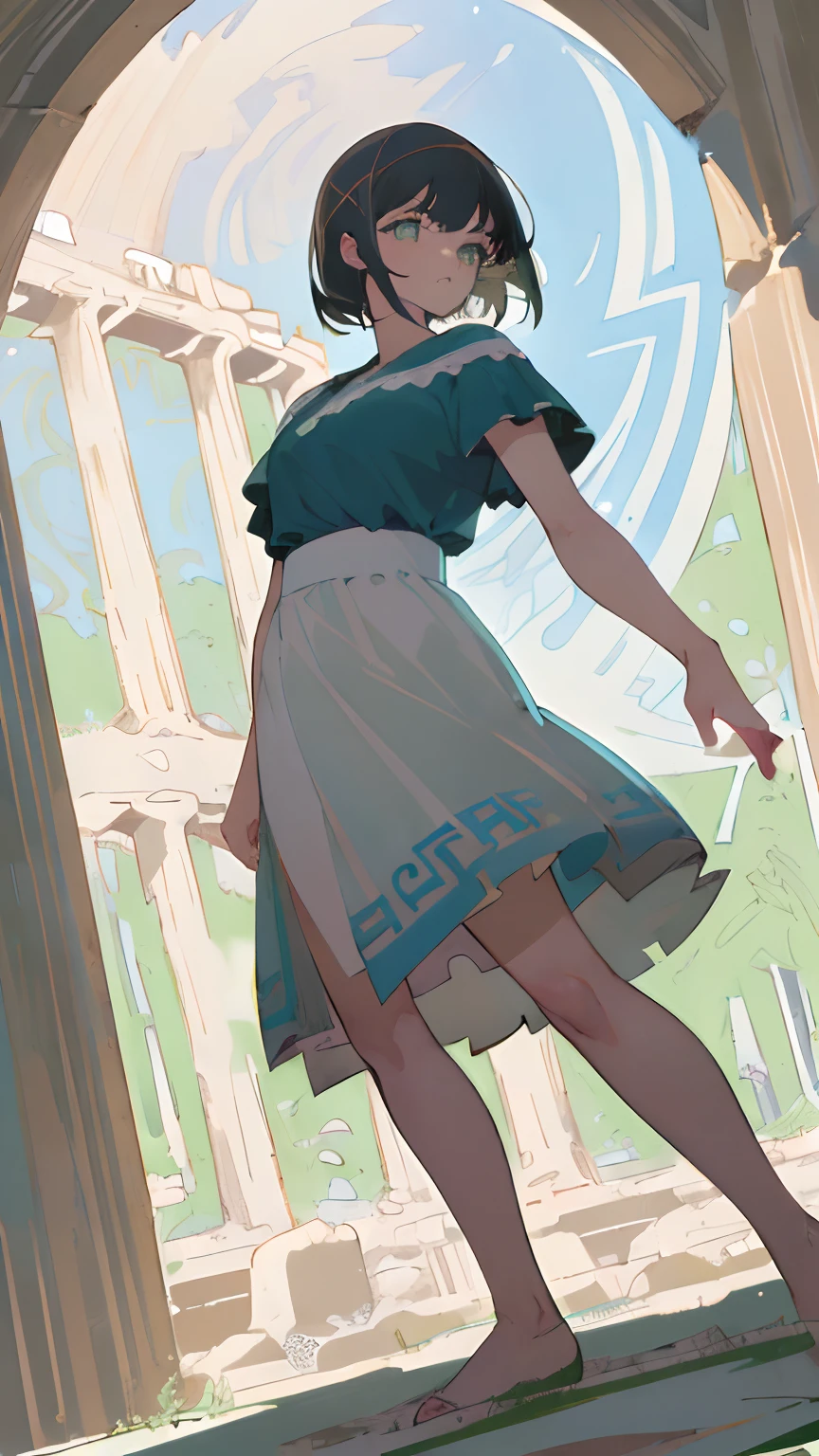 (((masterpiece))),(((bestquality))),((ultra-detailed)),(illustration),((anextremelydelicateandbeautiful)),dynamicangle,floating,(beautifuldetailedeyes),(detailedlight) (1girl), solo, history, (((greek))), toga, mythology, dark hair, short hair, bright green eyes, heroic pose, full body, low angle, hands on hips