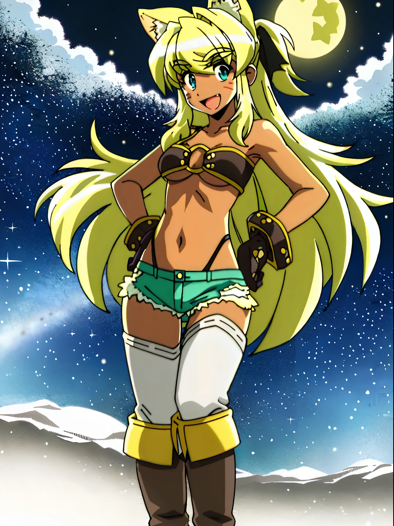liru, 1girl, beltbra, shorts, denim_shorts, denim, thighhighs, underboob, breasts, gloves, night, hands_on_hips, sky, furry, short_shorts, navel, midriff, fingerless_gloves, from_below, night_sky, smile, grey_shorts, star_(sky), moon, cutoffs, outdoors, boots, thigh_boots, underwear, panties, starry_sky, blue_shorts, body_fur, standing, full body, smiling, open mouth, boots, full body, feet