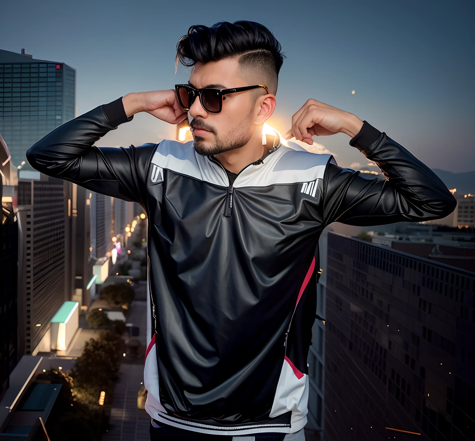 there is a black haired man with a mohawk and sunglasses on posing for a picture, stylish pose, garden background,very artistic pose, taken with sony alpha 9, attractive pose, with a cool pose, artistic pose, very cool pose, cool pose, edited in photoshop, sports clothing, shot on canon eos r5, shot on canon eos r 5, with accurate face, portrait shot 8 k