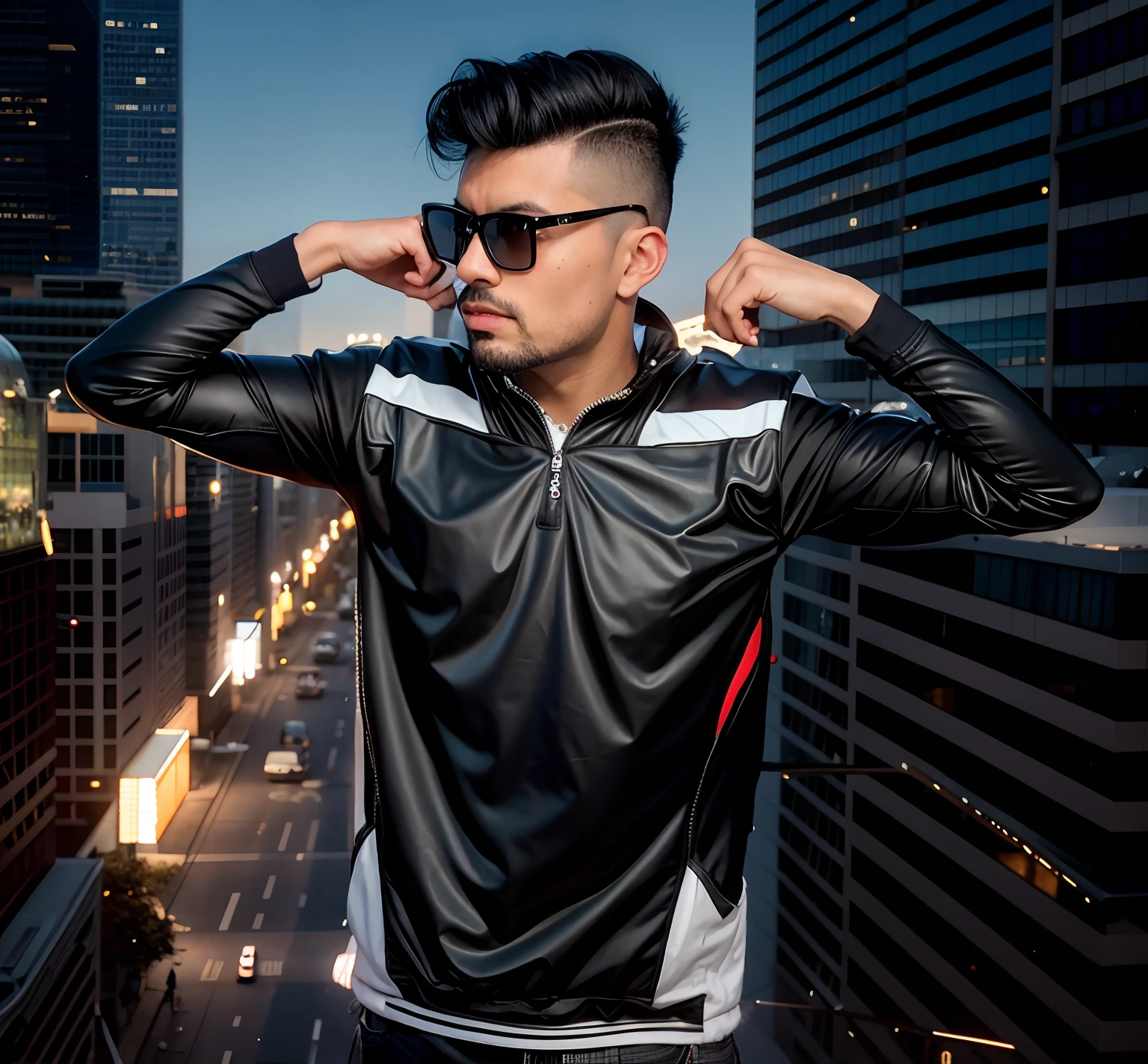 there is a black haired man with a mohawk and sunglasses on posing for a picture, stylish pose, very artistic pose, taken with sony alpha 9, attractive pose, with a cool pose, artistic pose, very cool pose, cool pose, edited in photoshop, sports clothing, shot on canon eos r5, shot on canon eos r 5, with accurate face, portrait shot 8 k