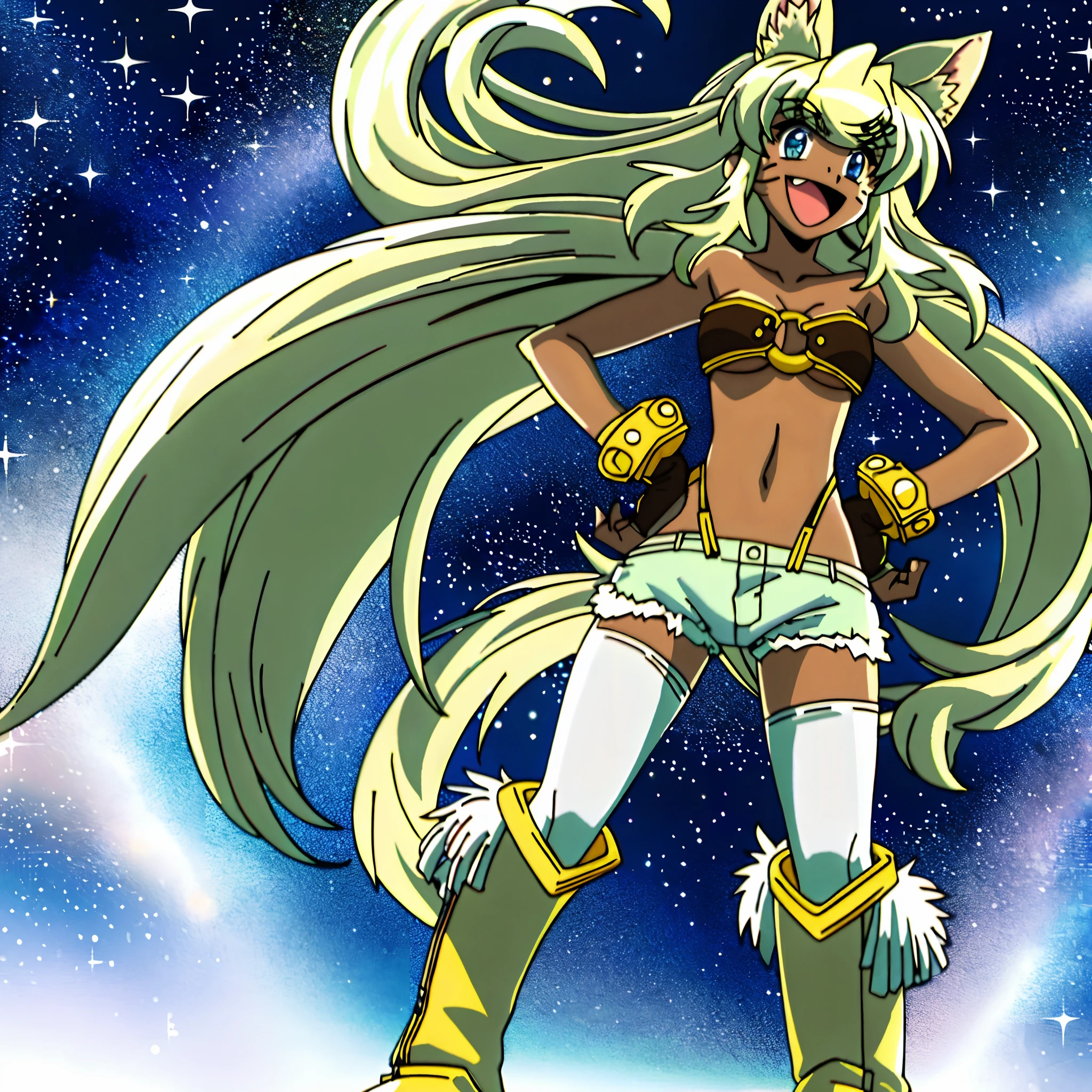 liru, 1girl, beltbra, shorts, denim_shorts, denim, thighhighs, underboob, breasts, gloves, night, hands_on_hips, sky, furry, short_shorts, navel, midriff, fingerless_gloves, from_below, night_sky, smile, grey_shorts, star_(sky), moon, cutoffs, outdoors, boots, thigh_boots, underwear, panties, starry_sky, blue_shorts, body_fur, standing, full body, smiling, open mouth, boots, full body, feet