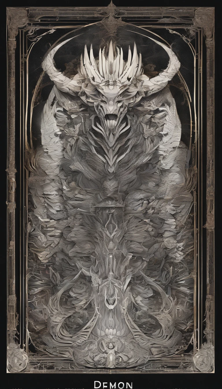 Wide-angle shot of the folding paper pop-up cutout of the demon, Made of color card, , Intricate, Symmetrical, Low Angle View, White and dyed iridescent colors, Clean clean black background, Foggy volumetric light, Moody dramatic lighting, Cinematic, rays, Devil
