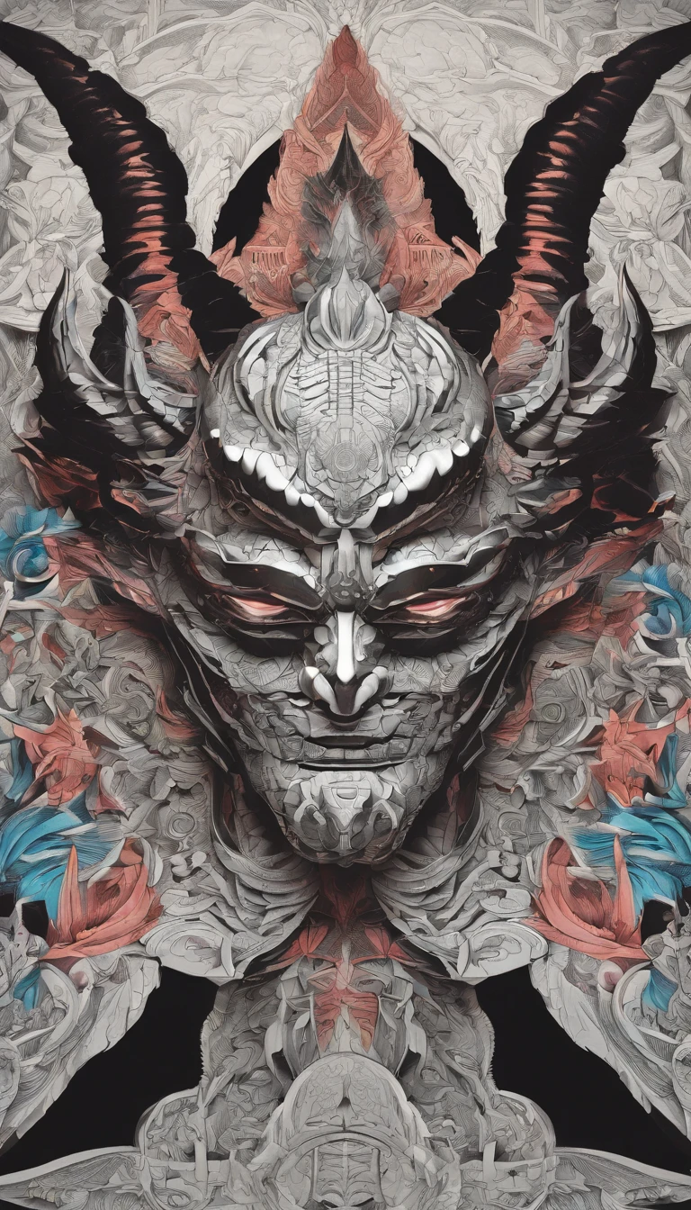 Wide-angle shot of the folding paper pop-up cutout of the demon, Made of color card, , Intricate, Symmetrical, Low Angle View, White and dyed iridescent colors, Clean clean black background, Foggy volumetric light, Moody dramatic lighting, Cinematic, rays, Devil