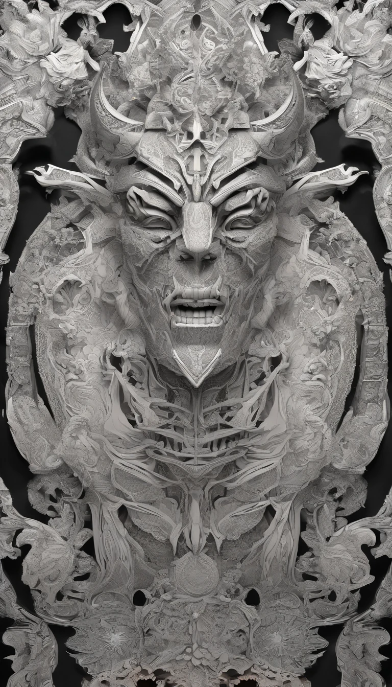 Wide-angle shot of the folding paper pop-up cutout of the demon, Made of color card, , Intricate, Symmetrical, Low Angle View, White and dyed iridescent colors, Clean clean black background, Foggy volumetric light, Moody dramatic lighting, Cinematic, rays, Devil