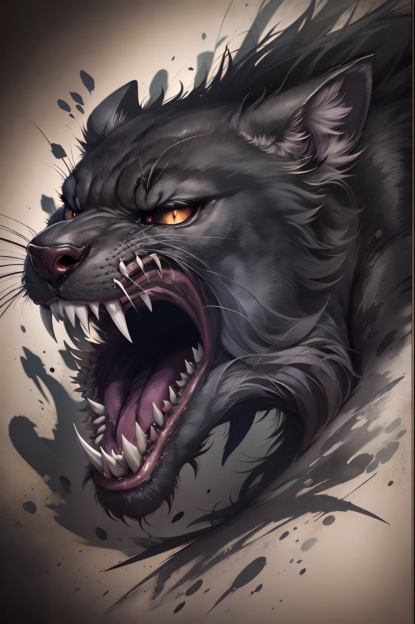 Draw a werepanther, black, dentes afiados, garras afiadas, numa floresta escura, atacando