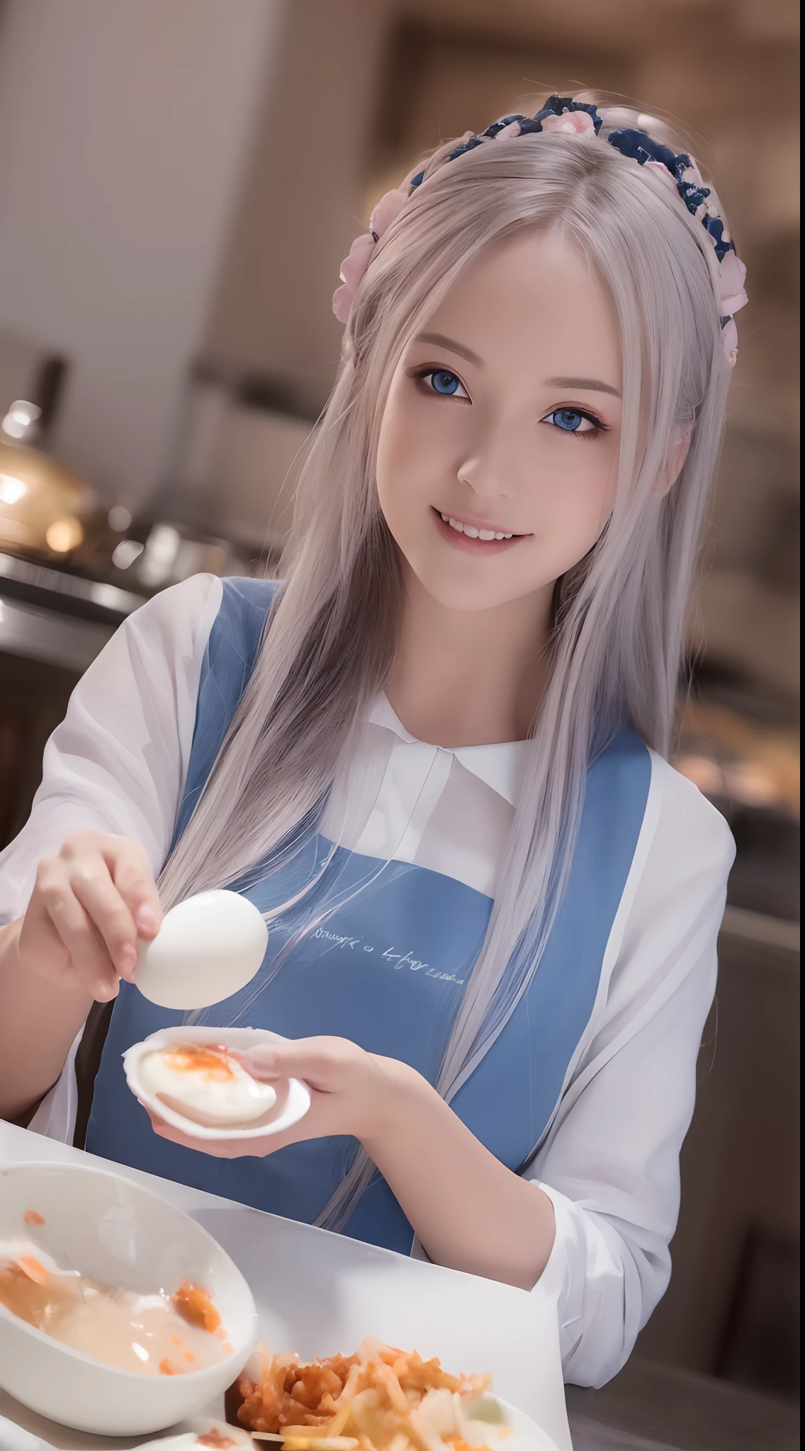 (best quality,ultra-detailed,realistic:1.37),silver long hair,dreamy blue eyes,happy woman cracking eggs with chopsticks,soft lighting,pink apron,illustration