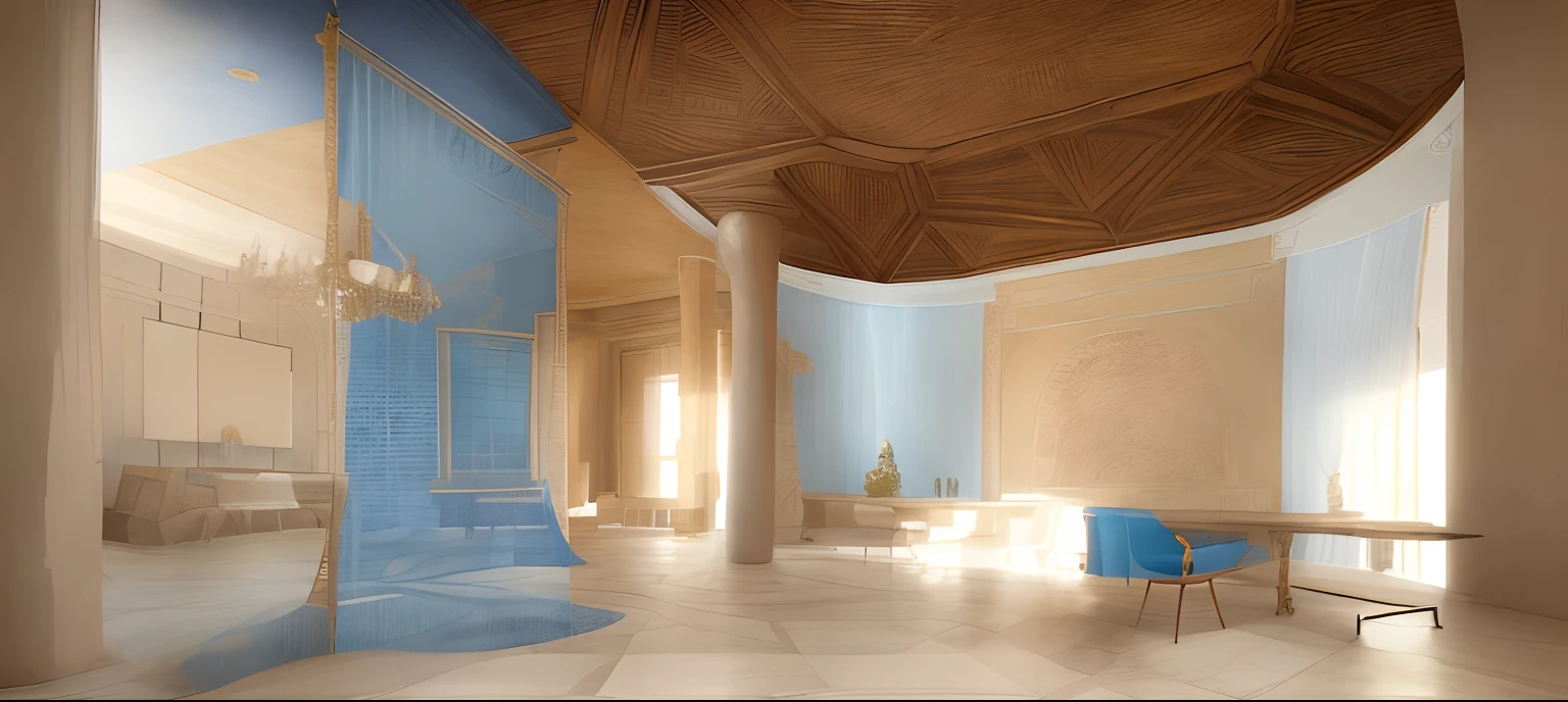 stylish interior Mediterranean Revival, blue curtain,  white stone pillar, wooden ceiling, arched door, Mona Lisa mural, Terracotta colored floors