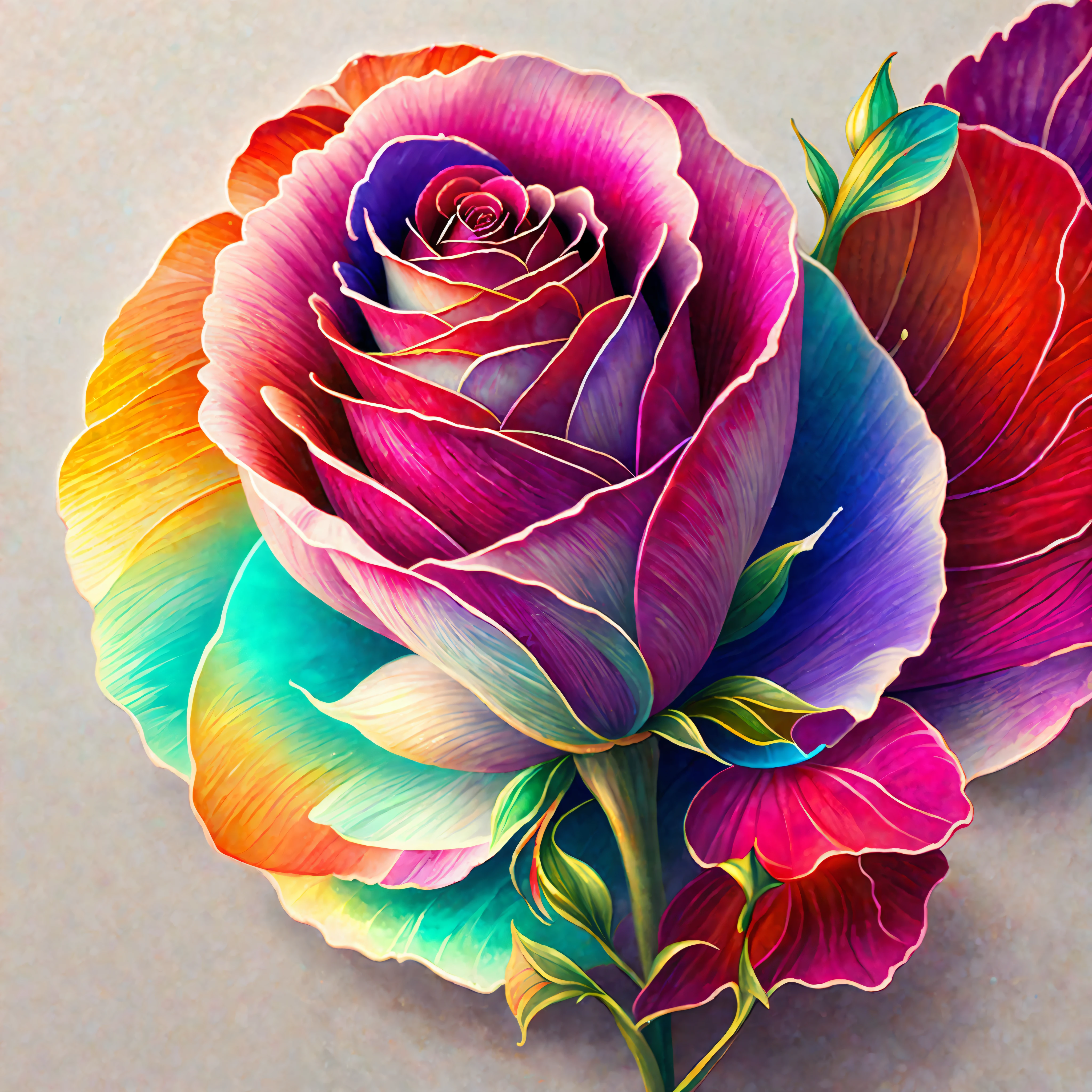 a painting of a colorful rose on a white background,, breathtaking rendering, within a radiant connection, inspired by Kinuko Y. Craft,, magical elements, rose icon, wow, is beautiful, casting a multi colorful spell, bright flash, flash, 16k, HD, UHD