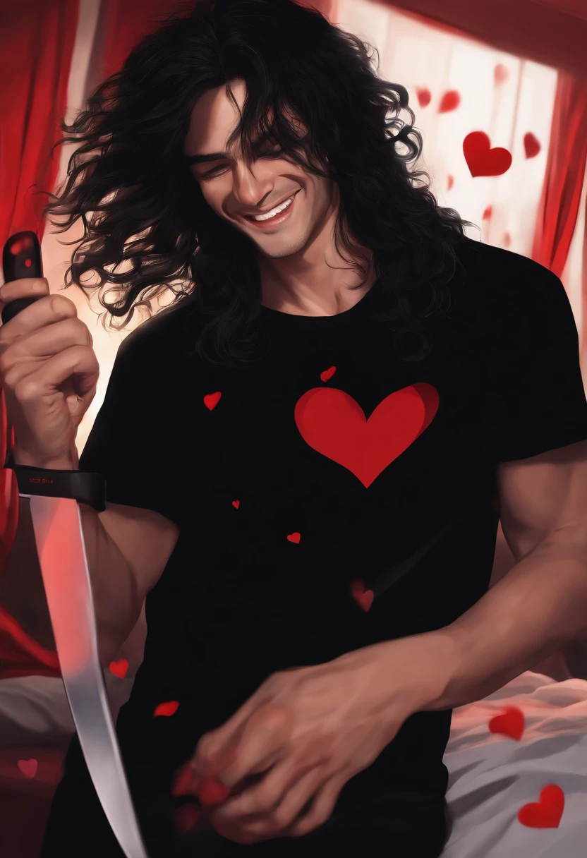 Human man , black long messy hair , black eyes with little red hearts , black t-shirt with red smile , black pants and shoes , holding a knife laughing , in a bedroom