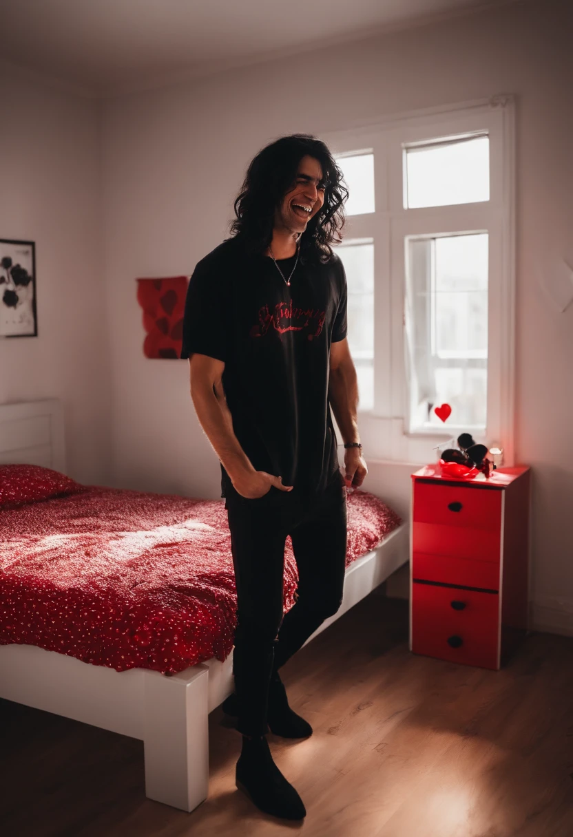 Human man , black long messy hair , black eyes with little red hearts , black t-shirt with red smile , black pants and shoes , holding a knife laughing , in a bedroom