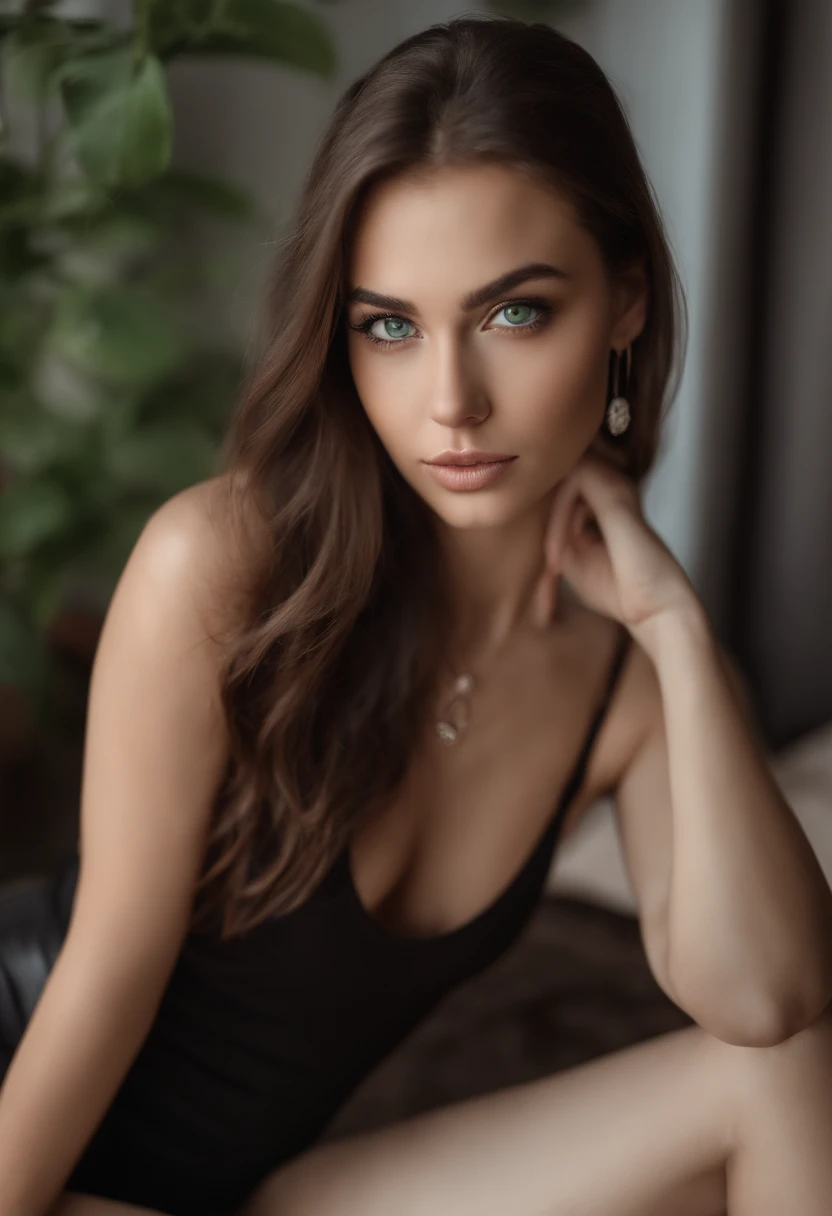 arafed woman with a white tank top and a necklace, sexy girl with green eyes, portrait sophie mudd, brown hair and large eyes, selfie of a young woman, bedroom eyes, violet myers, without makeup, natural makeup, looking directly at the camera, face with artgram, subtle makeup, stunning full body shot, piercing green eyes, beautiful angle, attractive pose, cute girl, sexy pose, full body picture, full body, full body shoot, brunette goddess, high detail, satisfied pose, leather pants