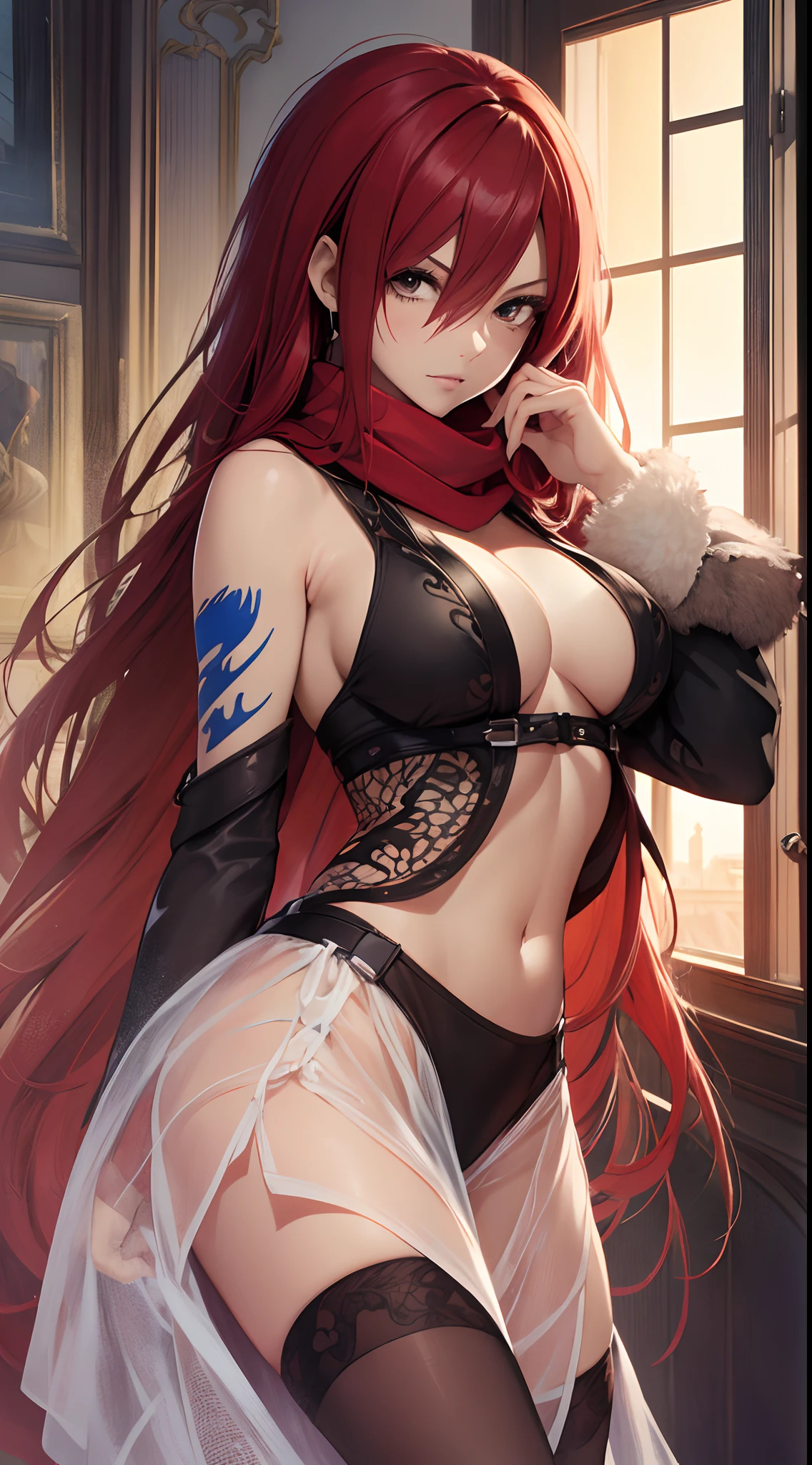 ((best quality)), ((highly detailed)), masterpiece, absurdres, (detailed eyes, deep eyes), (1girl), full body, erza_scarlet, scarlet hair, (very long hair), (brown eyes), tattoo, hair over one eye, scarf, (in an appartment, morning, sunrise)