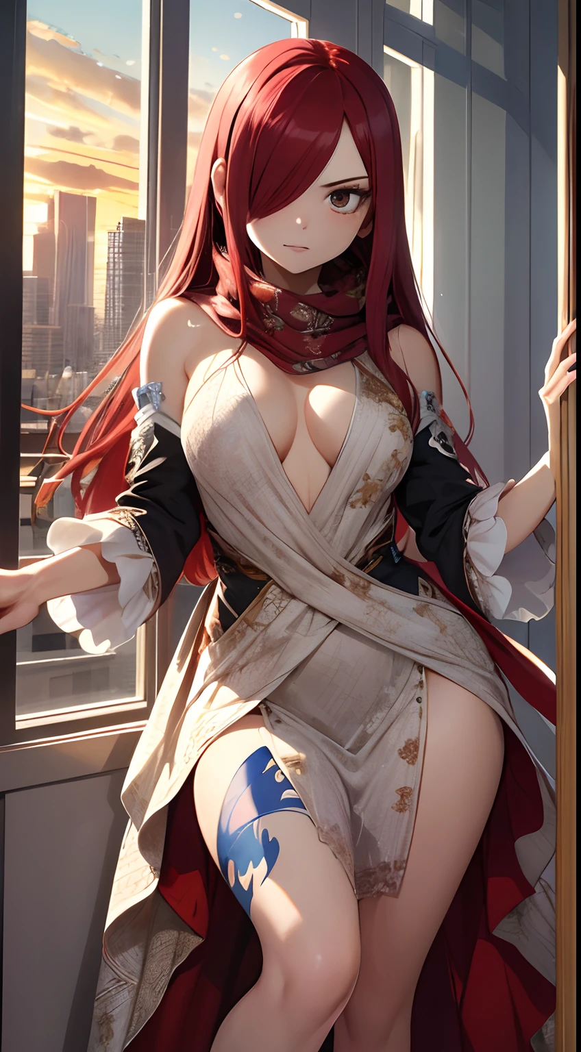 ((best quality)), ((highly detailed)), masterpiece, absurdres, (detailed eyes, deep eyes), (1girl), full body, erza_scarlet, scarlet hair, (very long hair), (brown eyes), tattoo, hair over one eye, scarf, (in an appartment, morning, sunrise), perfect dress