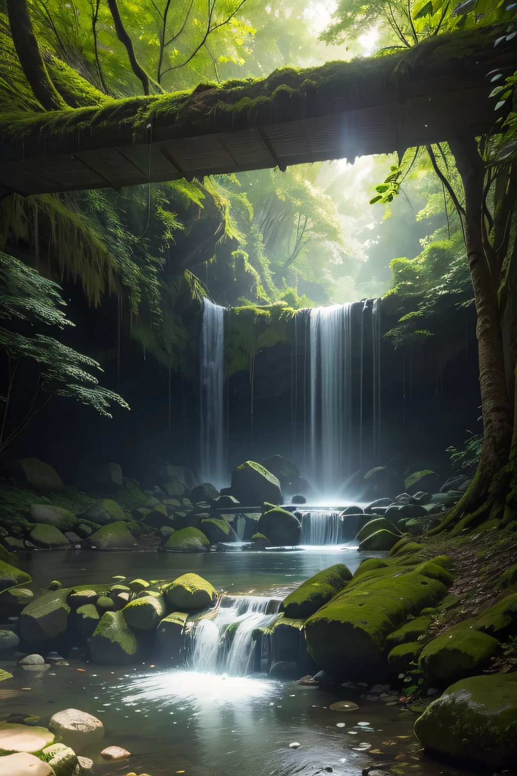 Imagine a dense, ancient forest with towering trees and a hidden waterfall. Sunlight filters through the thick canopy, creating dappled patterns on the forest floor. The waterfall cascades into a clear pool, and a natural stone bench offers a perfect spot to meditate and connect with nature.