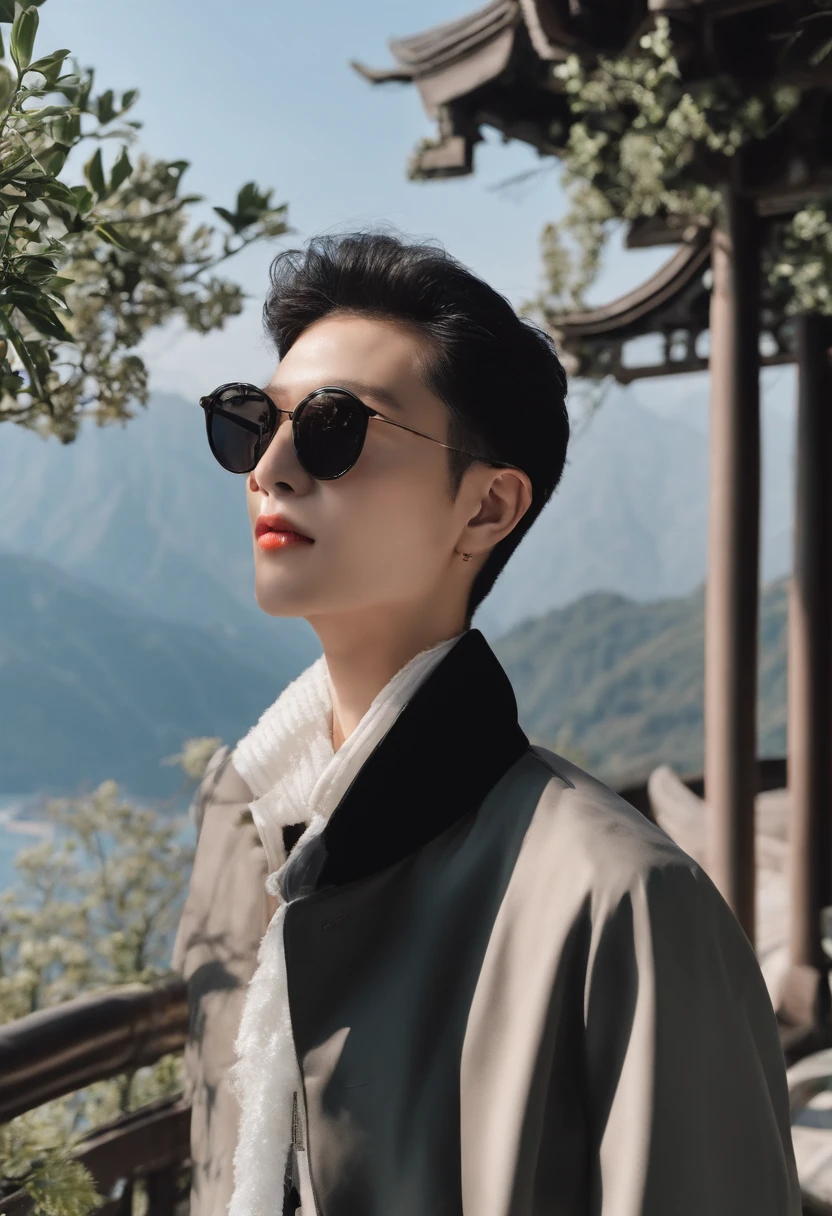 cool guy,perm,Wearing black sunglasses,Wearing earrings,Wearing earrings, exquisite facial features, Have by the sea, parks,snow mountains,城市,the street,rays of sunshine, blue-sky,baiyun, red tinted hair, Cold ,frontage,strong, Well-developed abdominal muscles,musculous,Robust,mannequin