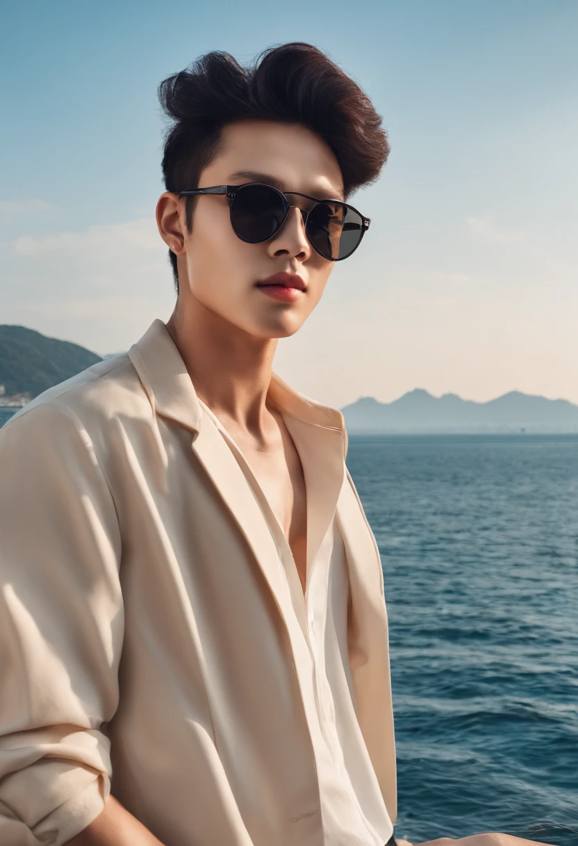 cool guy,perm,Wearing black sunglasses,Wearing earrings,Wearing earrings, exquisite facial features, Have by the sea, parks,snow mountains,城市,the street,rays of sunshine, blue-sky,baiyun, red tinted hair, Cold ,frontage,strong, Well-developed abdominal muscles,musculous,Robust,mannequin
