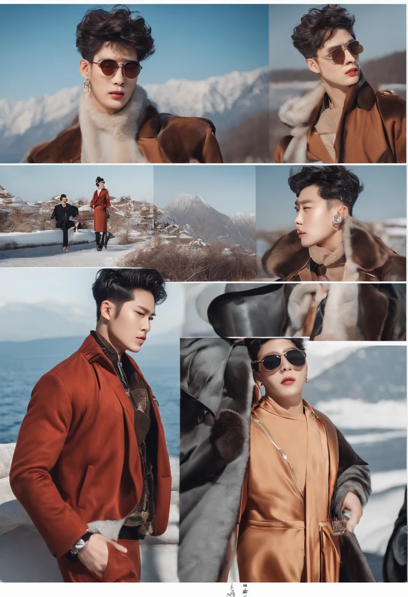 cool guy，perm，Wearing black sunglasses，Wearing earrings，Wearing earrings, exquisite facial features, Have by the sea, parks，snow mountains，城市，the street，rays of sunshine, blue-sky,baiyun, red tinted hair, Cold ，frontage，strong, Well-developed abdominal muscles，musculous，Robust，mannequin