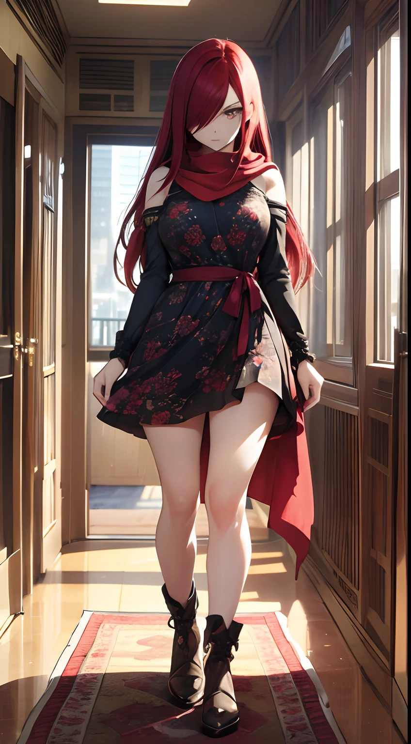 ((best quality)), ((highly detailed)), masterpiece, absurdres, (detailed eyes, deep eyes), (1girl), full body, erza_scarlet, scarlet hair, (very long hair), (brown eyes), tattoo, hair over one eye, scarf, (in an appartment, morning, sunrise), perfect dress