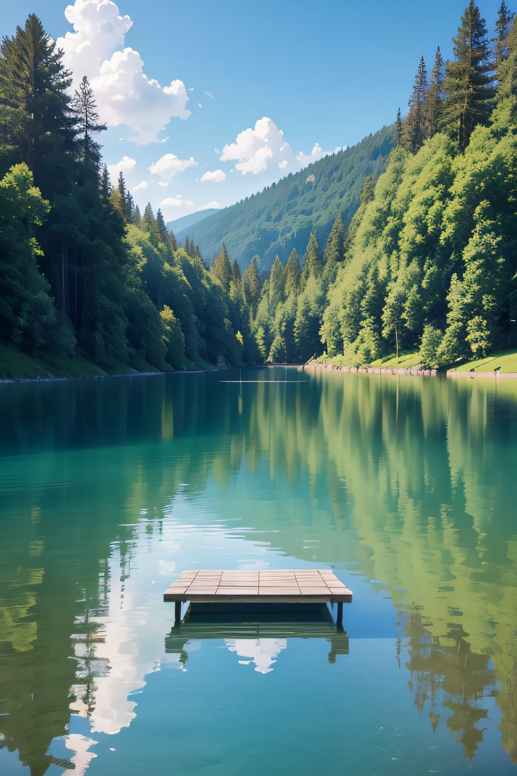 Imagine a peaceful lake surrounded by tall, lush green trees. The water is crystal clear and reflects the vibrant blue sky. A wooden pier stretches out into the lake, inviting you to sit and relax. Birds are chirping, and the only sound is the gentle lapping of water against the shore.