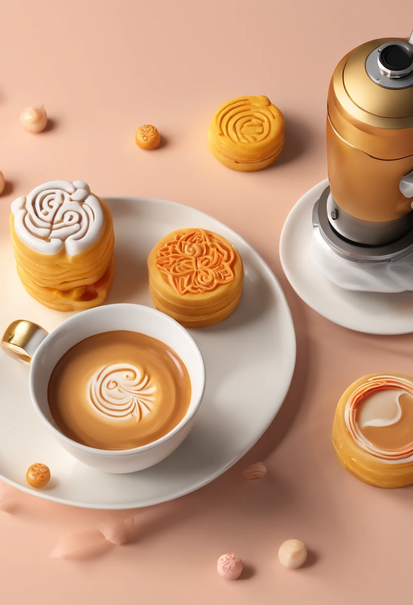 masterpiece:1.3, Photorealsitic, 8K, Creative Latte Art, Latte art with a picture of 2 miniature mooncakes, White giant mug, a Leica old camera, Perspective from above, movie light, warm color,