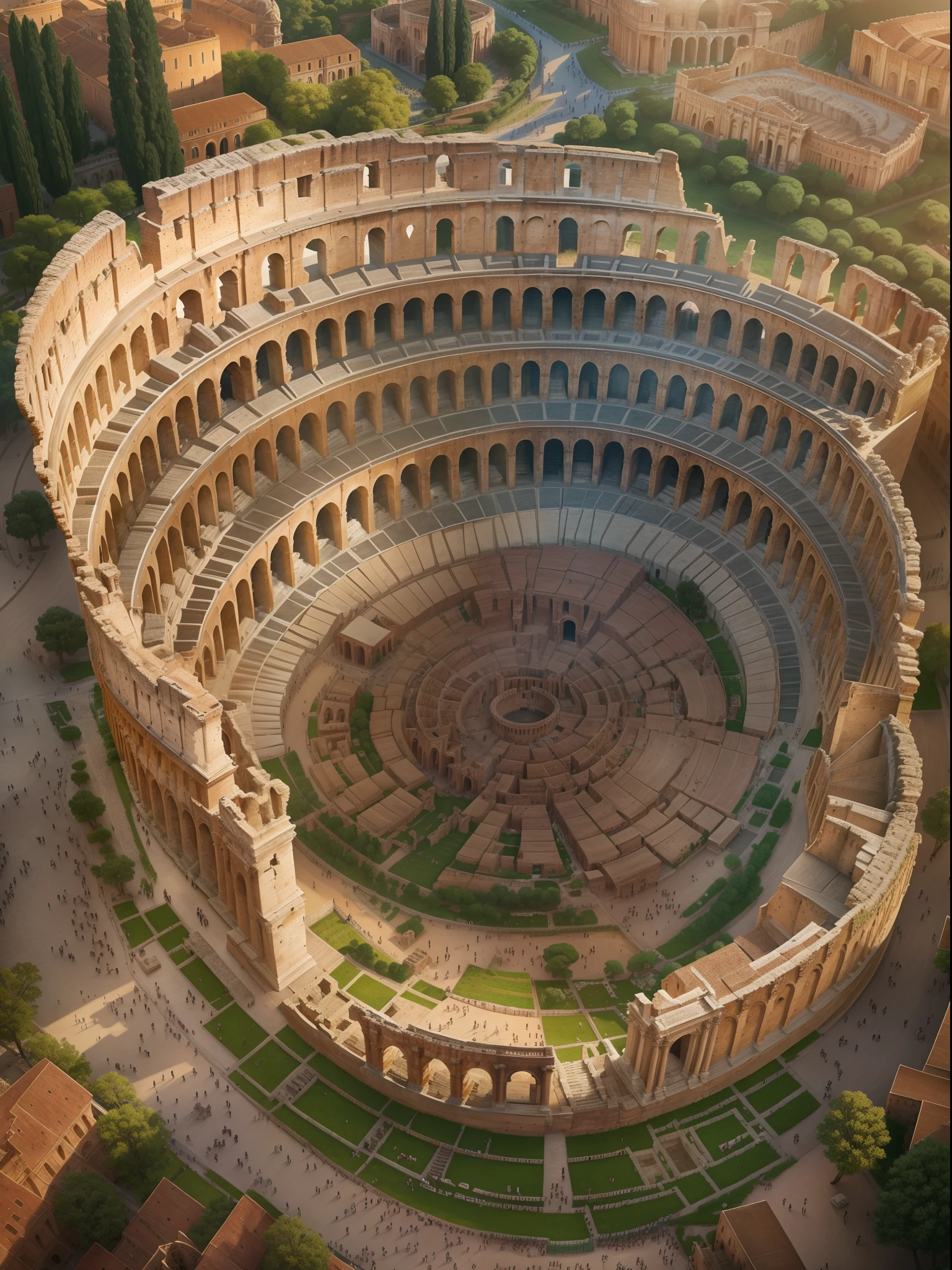 a majestic view of the Colosseum, (best quality, 4k, highres, masterpiece:1.2), HDR, ultra-detailed, physically-based rendering, professional, vivid colors, bokeh, ancient Roman architecture, iconic symbol of Rome, grandeur, historical landmark, awe-inspiring structure, architectural marvel, colossal amphitheater, ancient ruins, magnificent, imposing, glorious history, meticulously carved stone, intricate details, arched entrances, massive columns, grand arches, intricate stone carvings, weathered textures, majestic arena, bustling crowds, battles of gladiators, spectacles of ancient Rome, reenactments of historical events, immersive atmosphere, bustling atmosphere, golden sunlight streaming through the arches, dramatic lighting, sense of scale, centuries-old history, timeless beauty