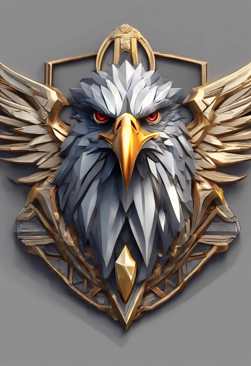 Game medallion with metal eagle head close-up with crown,Close-up of the eagle's head,hearthstone art style, Hearthstone style art, hearthstone concept art, Riot game concept art, style of league of legends, iconic character splash art, League of Legends crown,Game badge,Surrounding metal feathers,Gray gold,c4d渲染,Less detail,less detailing,Huge metal eagle head in the middle,The head has gorgeous gemstones, America flag, red white & blue, within a big music note