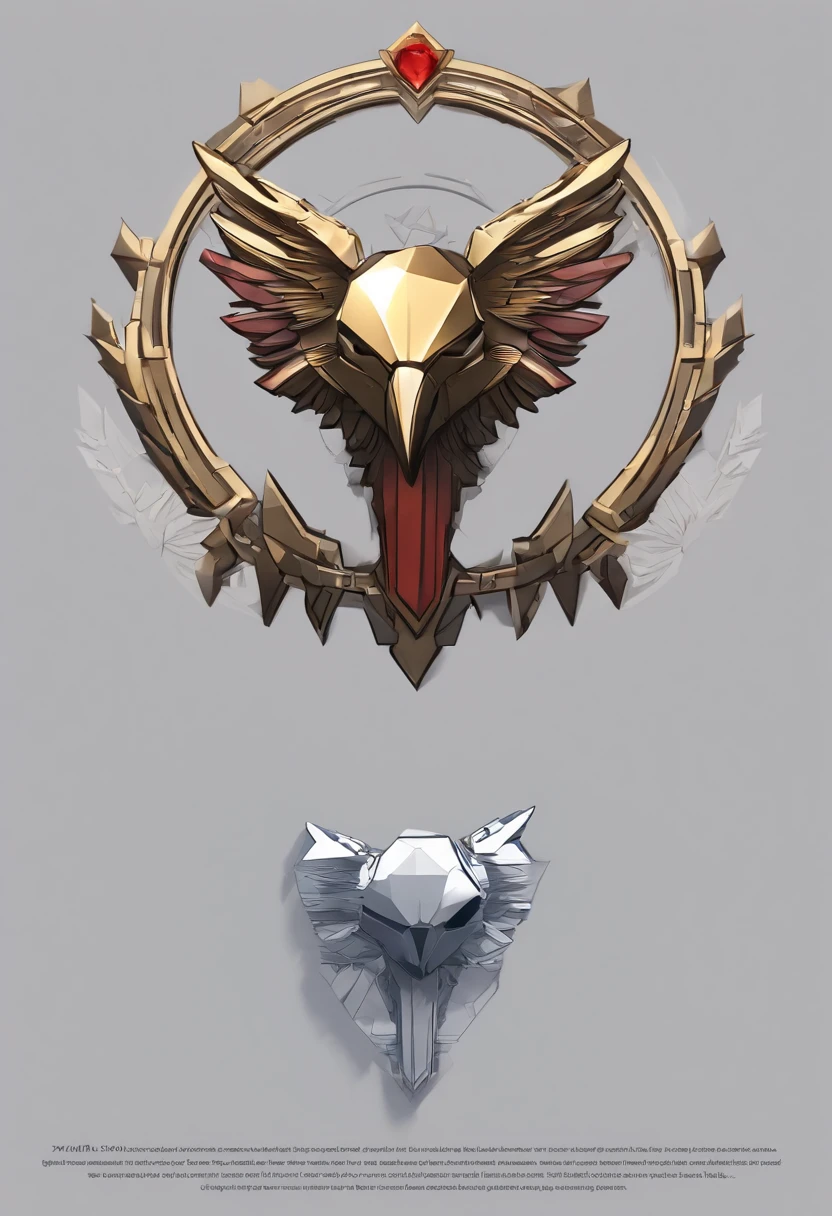 Game medallion with metal eagle head close-up with crown,Close-up of the eagle's head,hearthstone art style, Hearthstone style art, hearthstone concept art, Riot game concept art, style of league of legends, iconic character splash art, League of Legends crown,Game badge,Surrounding metal feathers,Gray gold,c4d渲染,Less detail,less detailing,Huge metal eagle head in the middle,The head has gorgeous gemstones, America flag, red white & blue, within a big music note
