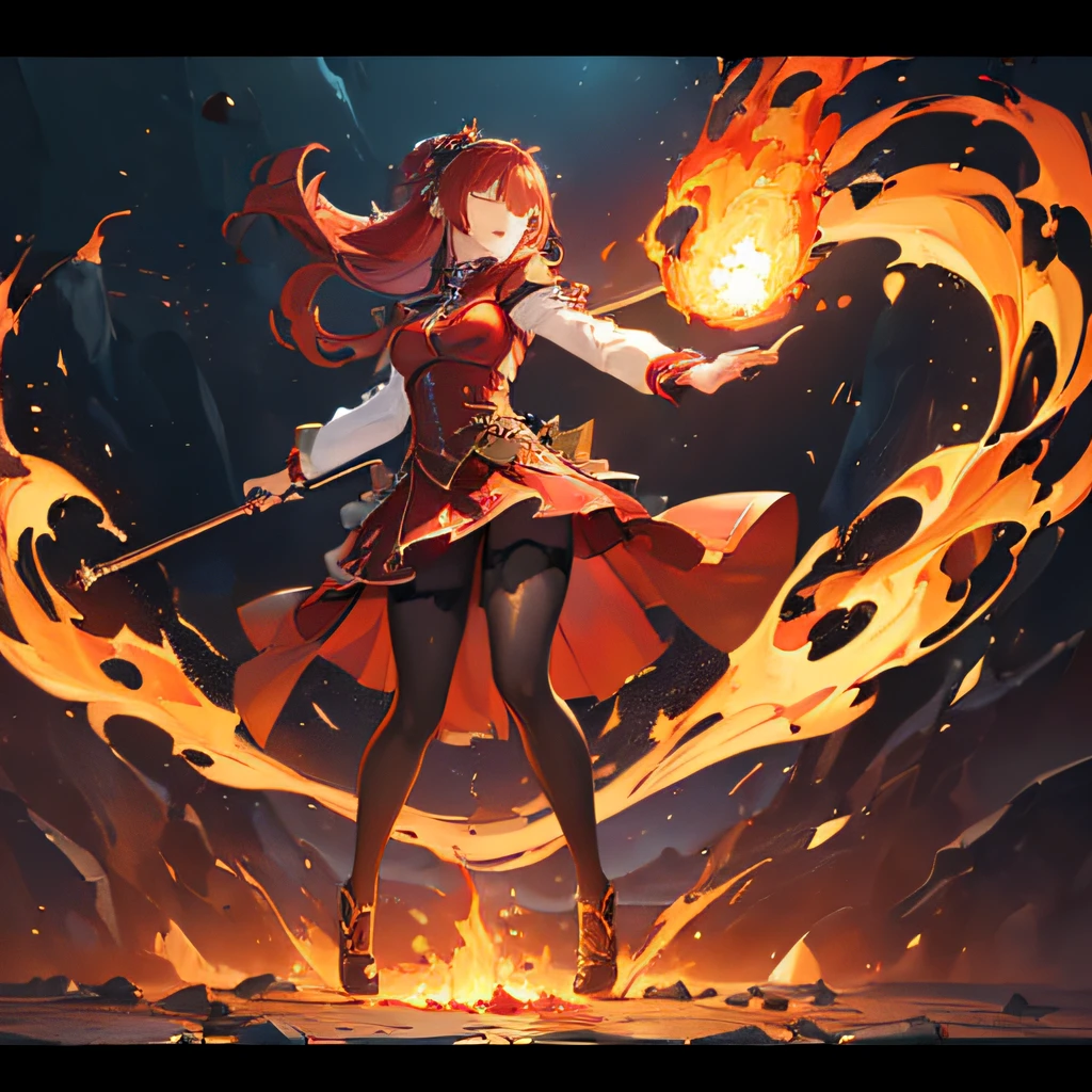 (((masterpiece, best-quality :1.3))), ((8k)), (1 girl), (solo female), (fire magic :1.3, (dynamic pose), (beautiful closed eyes :1.2), red hair, full body, witch outfit, black pantyhose