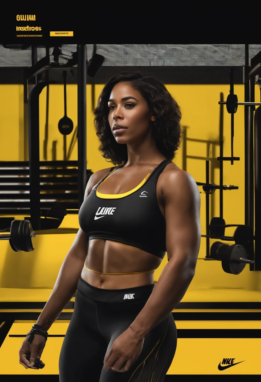 best quality,masterpaintings,Ultra-high resolution fills the image,A gym with a black and yellow color scheme,Esquema de cores de fundo preto e amarelo interno noturno,neon lights,Sports trends, Antecedentes complicados,Instrumentos de peso em segundo plano,Tela de alta tecnologia em segundo plano,Equipamentos esportivos,Face lateral,A smug smile,Vista-se menos,There are fitness elements on the back,Marca Nike,Technological gymnasium,rosto perfeito,Qualidade 8k,Cyberpunk,sense of science and technology,luz de aro,Movement changes,estilo de cabelo curto,Penteado solto,cabelos prateados