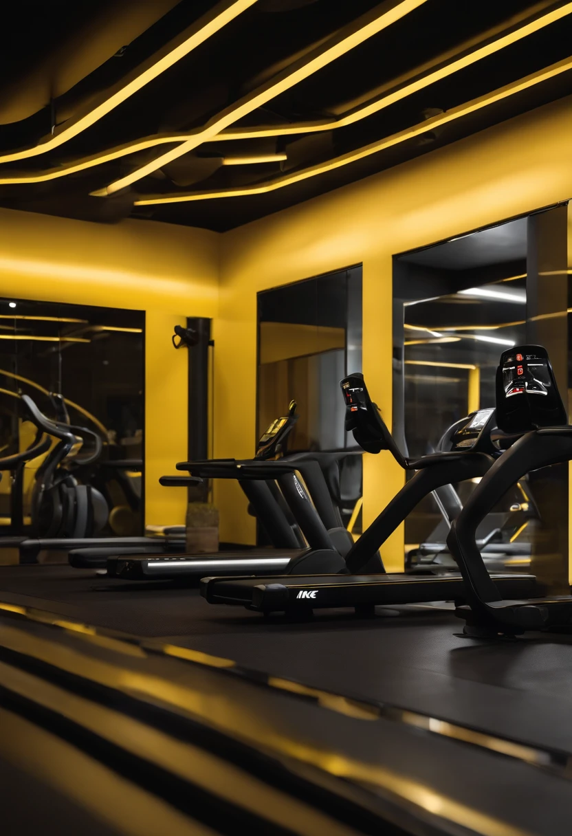best quality,masterpaintings,Ultra-high resolution fills the image,A gym with a black and yellow color scheme,Esquema de cores de fundo preto e amarelo interno noturno,neon lights,Sports trends, Antecedentes complicados,Instrumentos de peso em segundo plano,Tela de alta tecnologia em segundo plano,Equipamentos esportivos,Face lateral,A smug smile,Vista-se menos,There are fitness elements on the back,Marca Nike,Technological gymnasium,rosto perfeito,Qualidade 8k,Cyberpunk,sense of science and technology,luz de aro,Movement changes,estilo de cabelo curto,Penteado solto,cabelos prateados