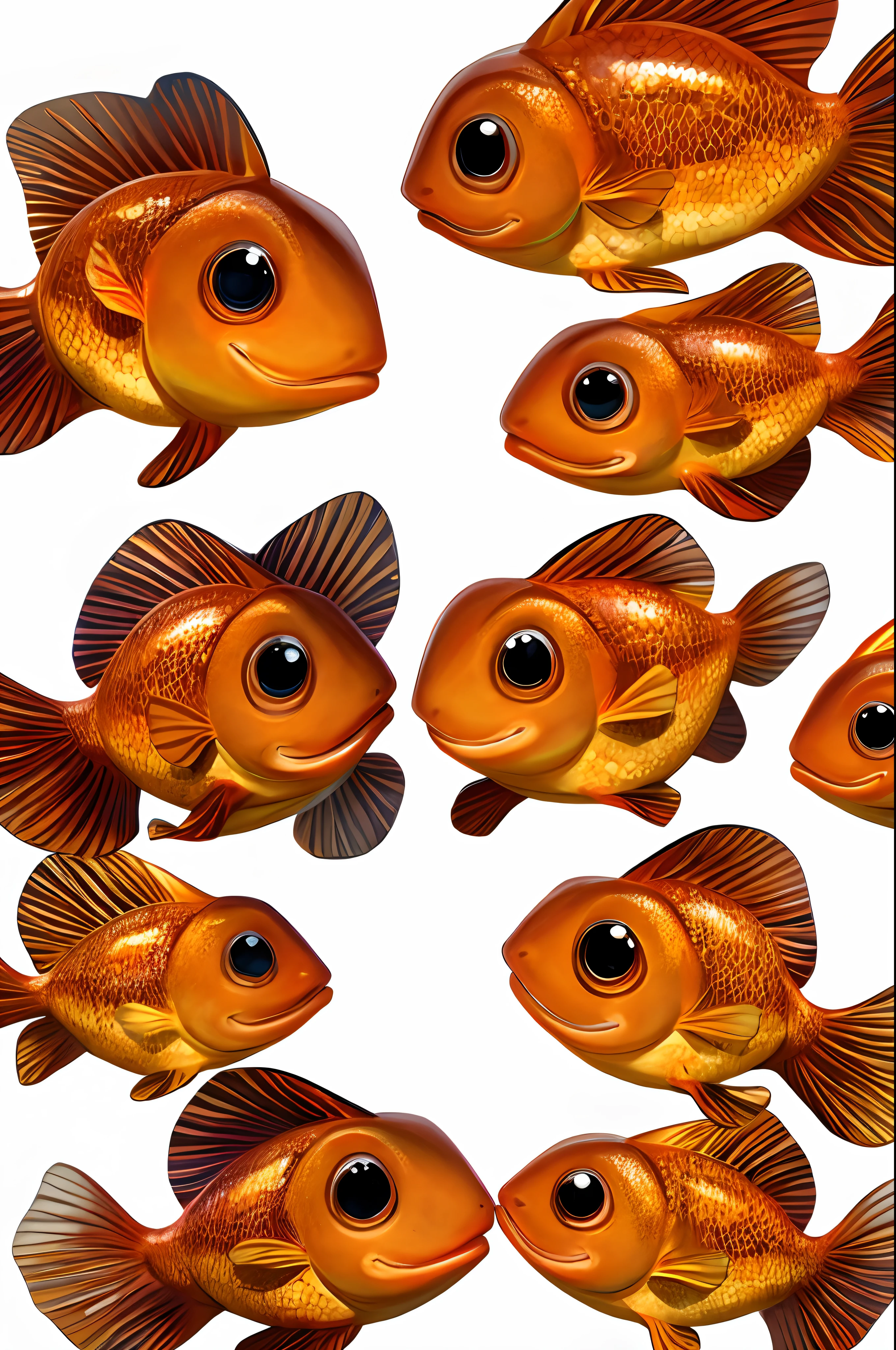 Magine various expressions of a goldfish with extended scales that look like stars and white background
