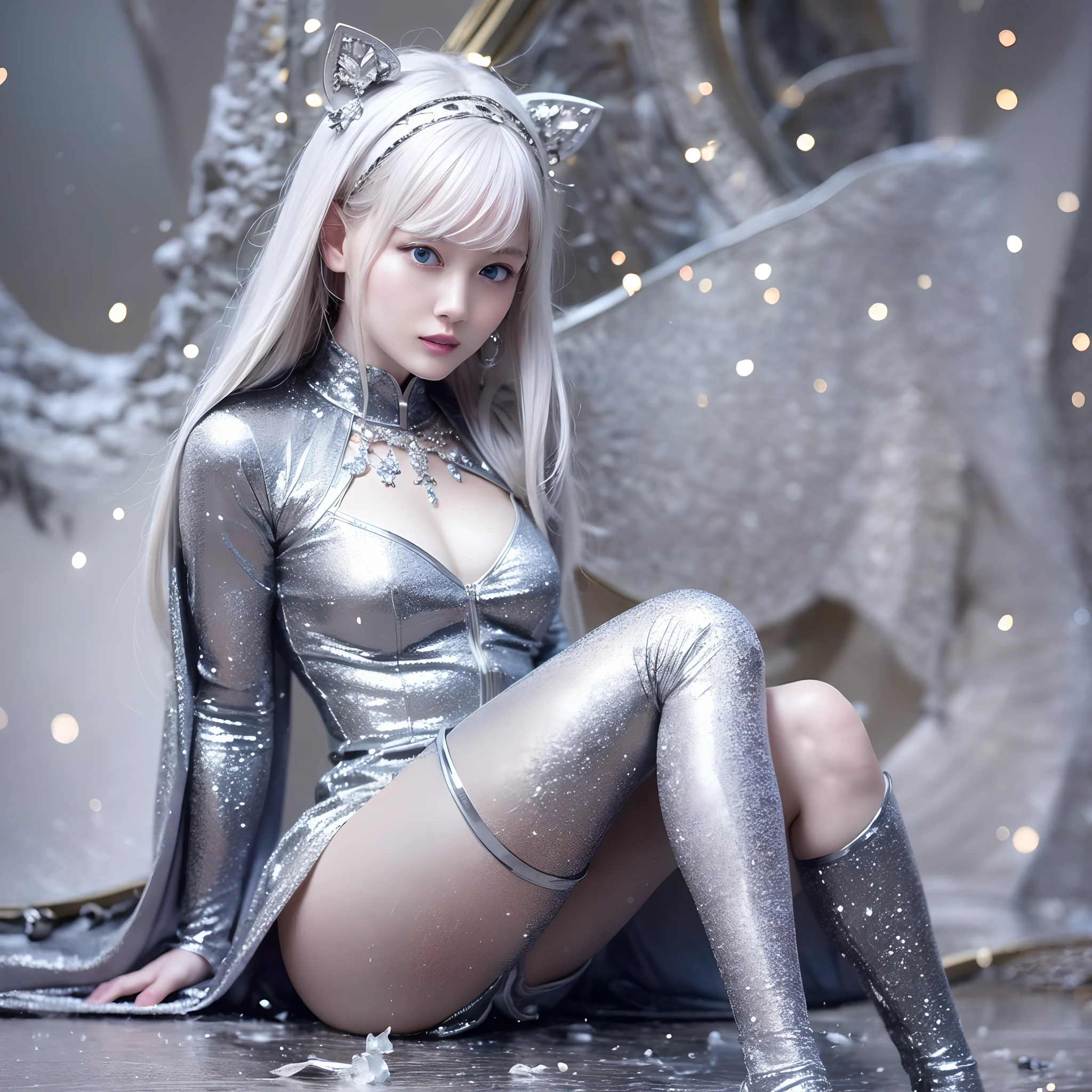 (Masterpiece) 8K resolution, Snow Queen, Beautiful girl with ice flowers, silver wolf sitting at her feet, platinum blonde straight long hair, hazel eyes, ice blue eyes, gentle smile, model style, fantasy style, silver wolf at her feet,