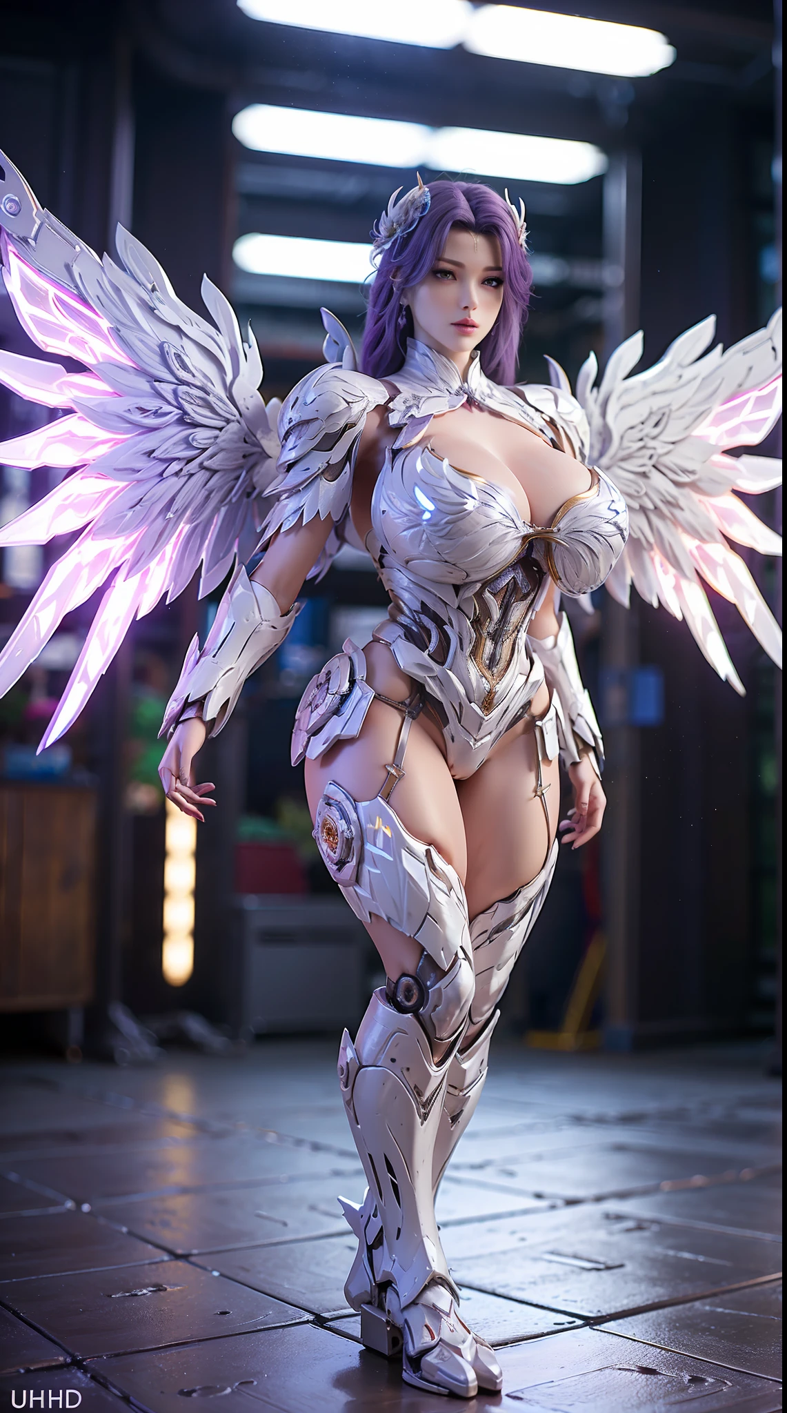 HUGE FAKE BOOBS, (BEAUTIFUL, PURPLE, WHITE), FUTURISTIC PHOENIX ARMOR GEAR, FUTURISTIC MECHA SUIT, (CLEAVAGE), ((LARGEST MECHANICAL PEACOCK WINGS)), (TALL LEGS), FRONT, (STANDING), SEXY BODY, MUSCLE ABS, UHD, 8K, 1080P.