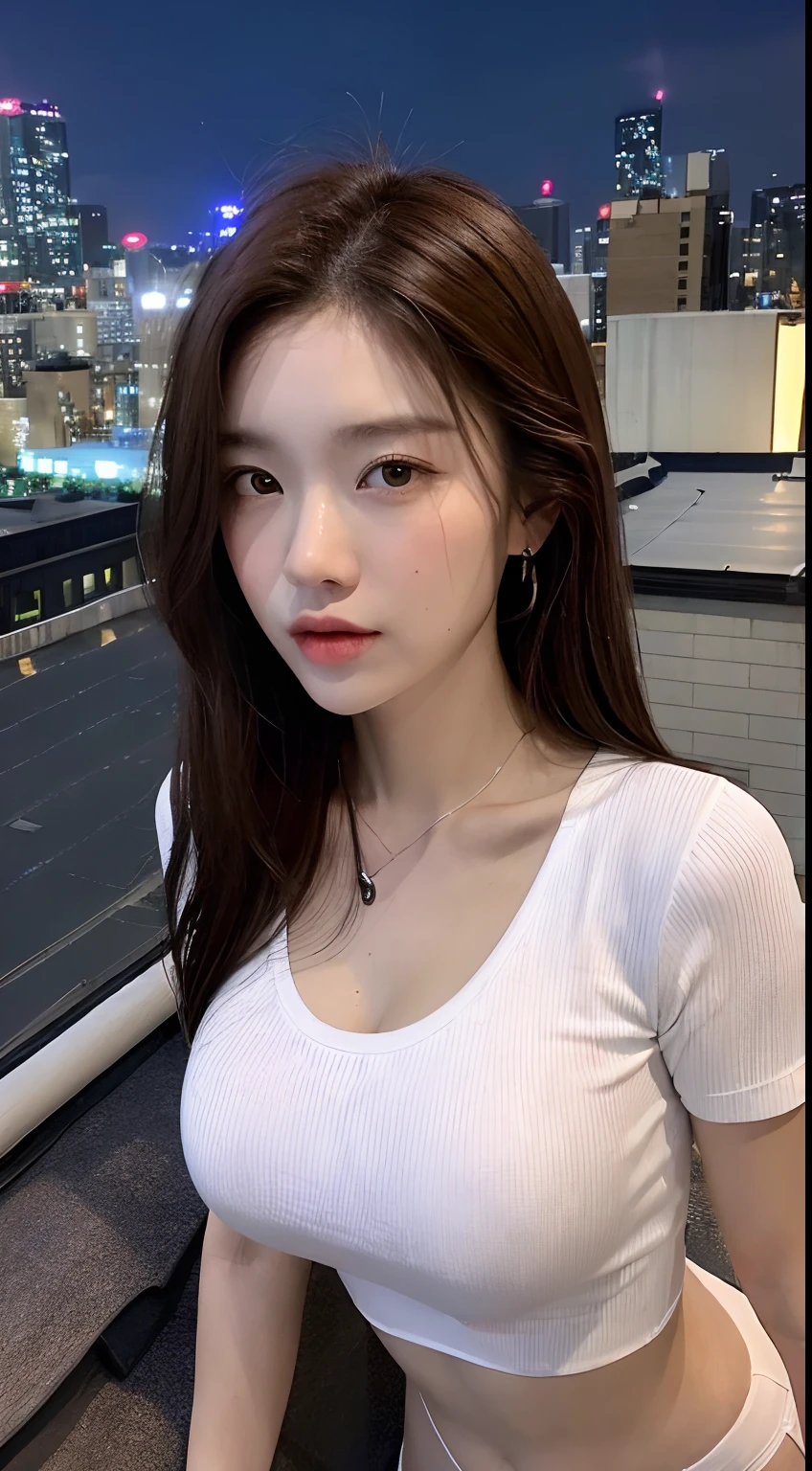 ((mid night、top-quality、8k、masterpiece:1.3)), full bodyesbian, long legged, foco nítido:1.2, Beautiful woman with perfect body shape:1.4, Slender Abs:1.1, ((dark brown hair、huge tit:1.2)), (White tight t-shirt、Tight bikini、is standing:1.2), ((Night City View、On the rooftop:1.3)), Highly detailed facial and skin texture, A detailed eye, 二重まぶた