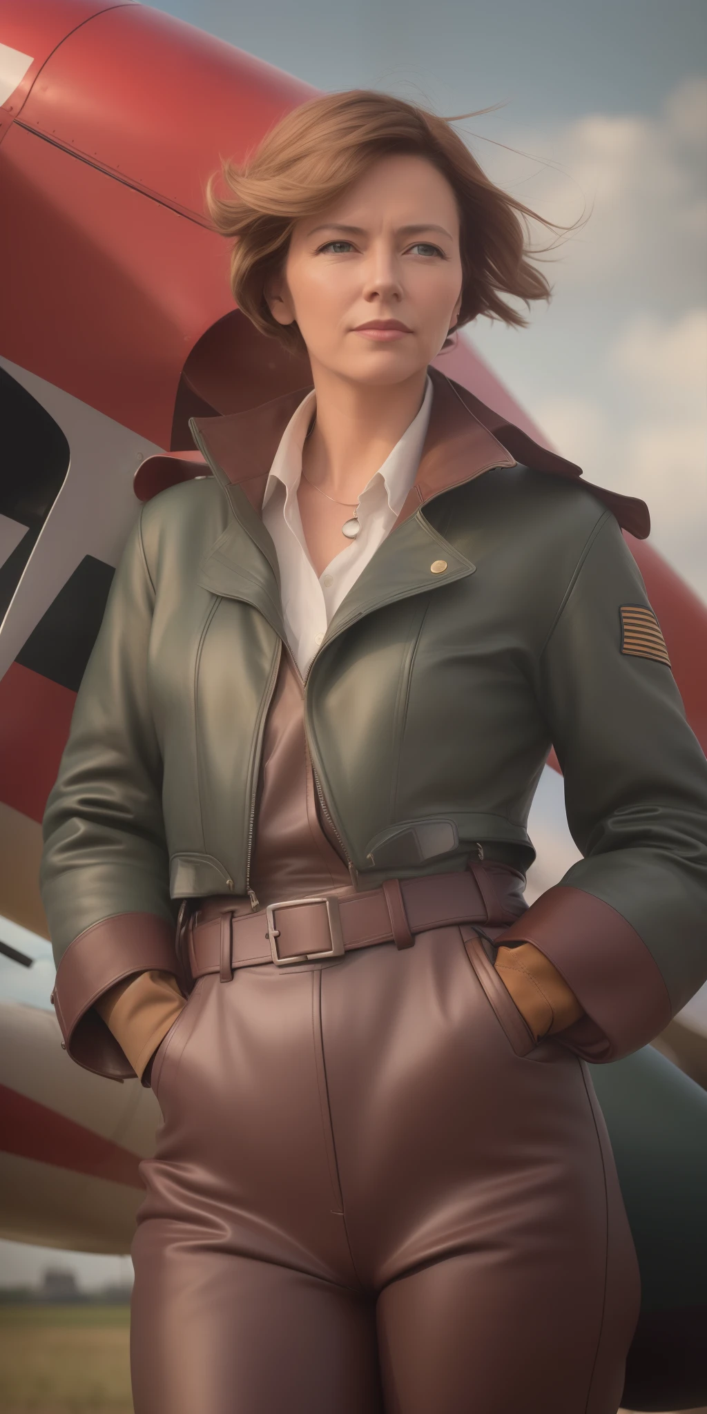 (Best quality,4K,8k,high resolucion,Masterpiece:1.2),Ultra-detailed,(Realstic,photoreallistic,photo-realistic:1.37), Amelia Earhart, Aviateur confiant, Determined look in the eyes, standing next to his plane, Vintage aircraft, Esprit aventureux, veste aviateur en cuir, lunettes volantes, Windswept hair, Moteur puissant, Propeller rotation, Ciel bleu, sunny day, Position forte et stable, Historical scene, Aviation pioneer, pionnier, Autonomisation des femmes