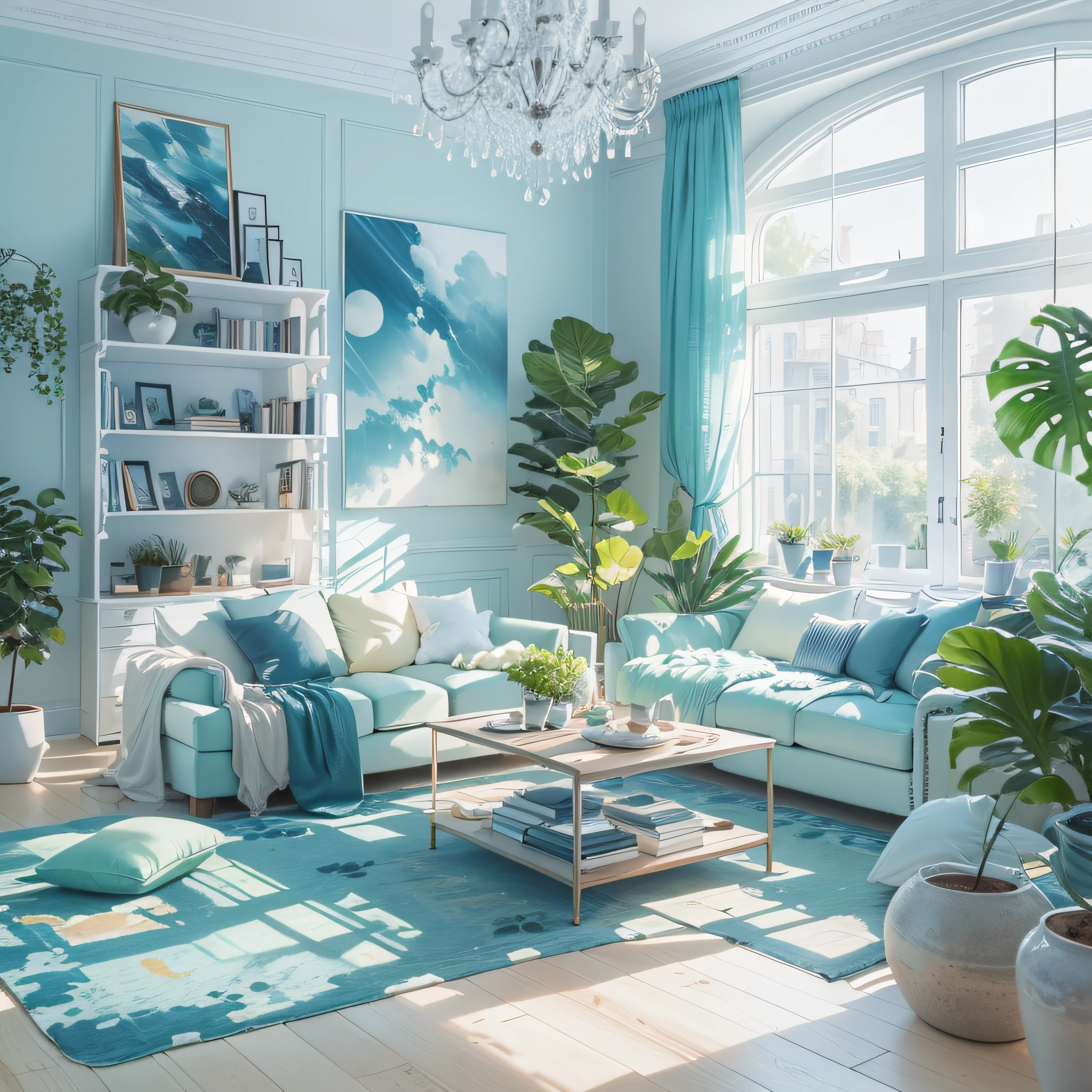 modern living room, blue and white color , plants, morning sunshine, masterpiece, best quality.