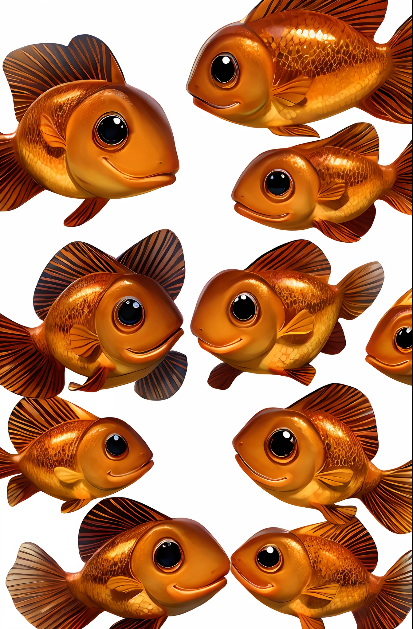 Magine various expressions of a goldfish with extended scales that look like stars and white background