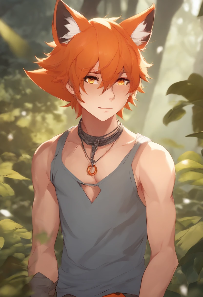 Human fox boy , orange hair , orange eyes , grey broken tank top , short blue pants, orange fox tail, cuts and wound all over the body, metall ring around the neck